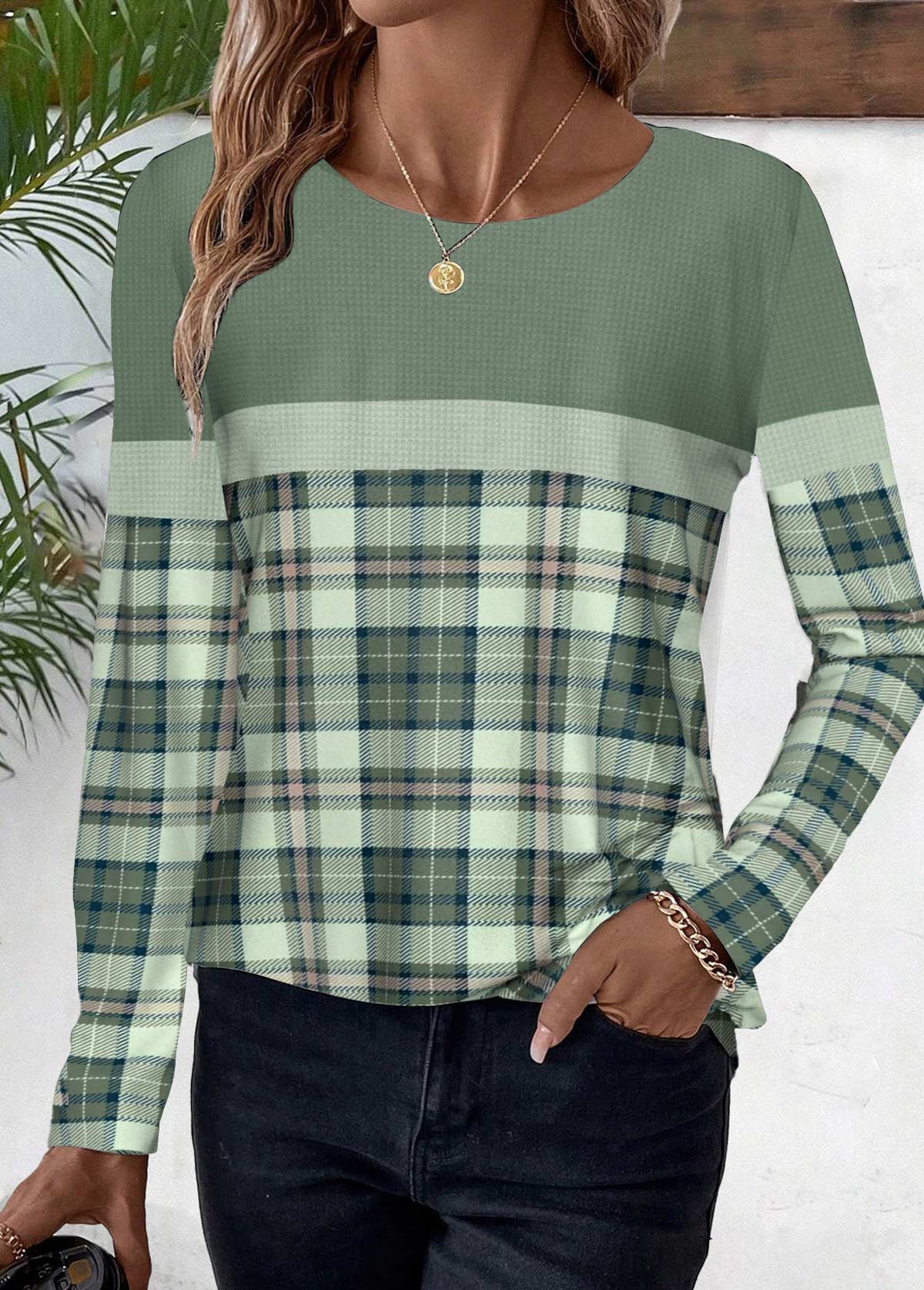 Plaid Patchwork Sage Green Long Sleeve T Shirt