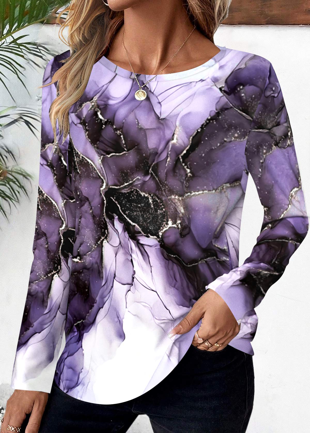 Floral Print Purple Long Sleeve Round Neck T Shirt