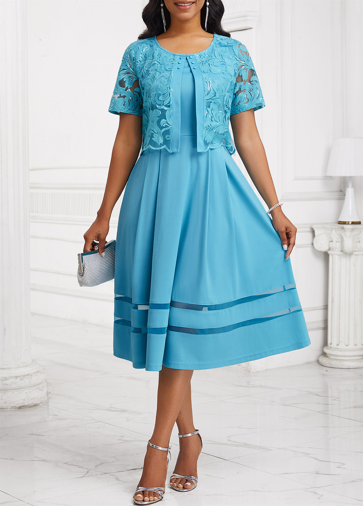 Sequin Light Blue Short Sleeve Dress and Cardigan
