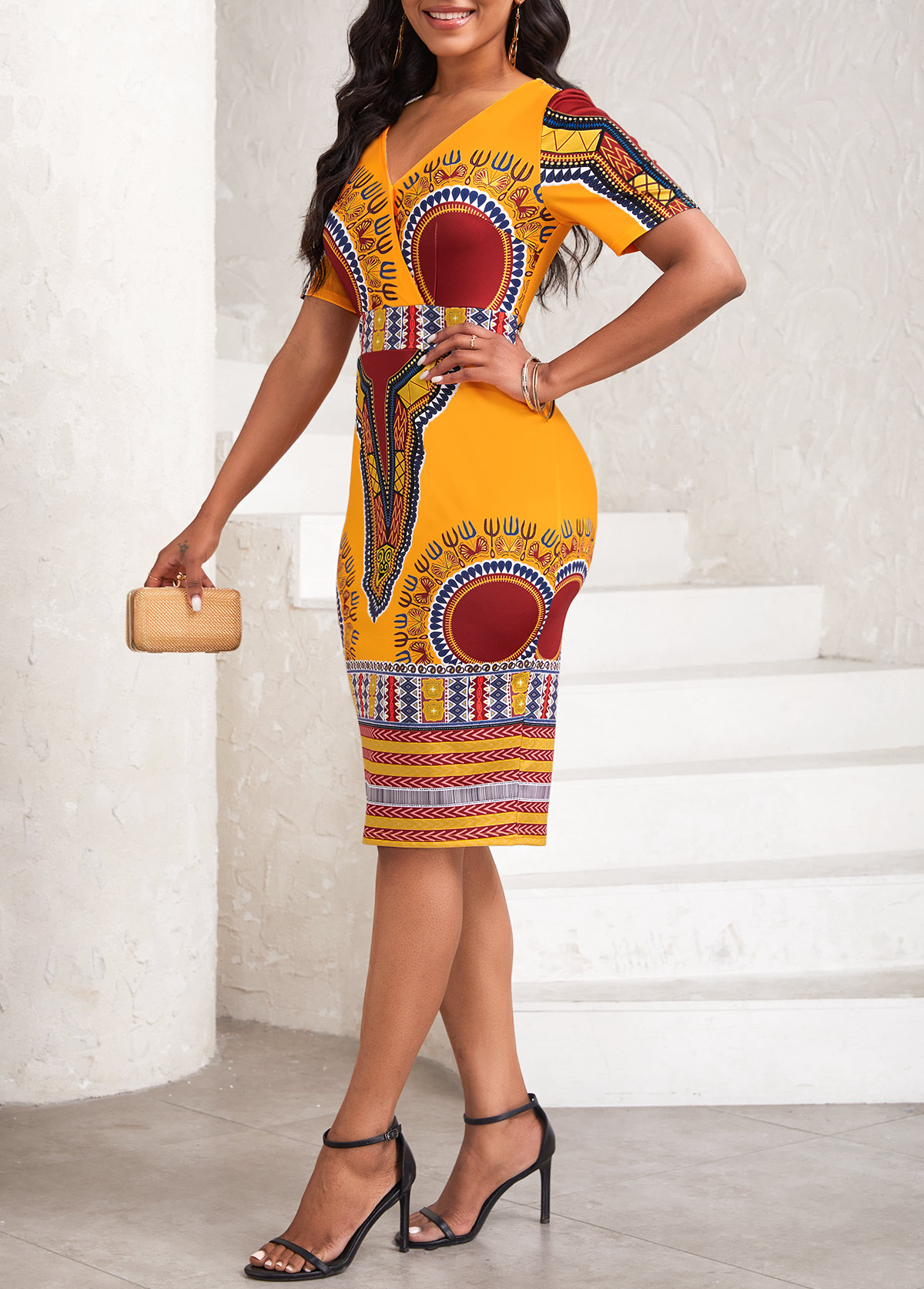 African Tribal Print Patchwork Orange Short Sleeve Bodycon Dress