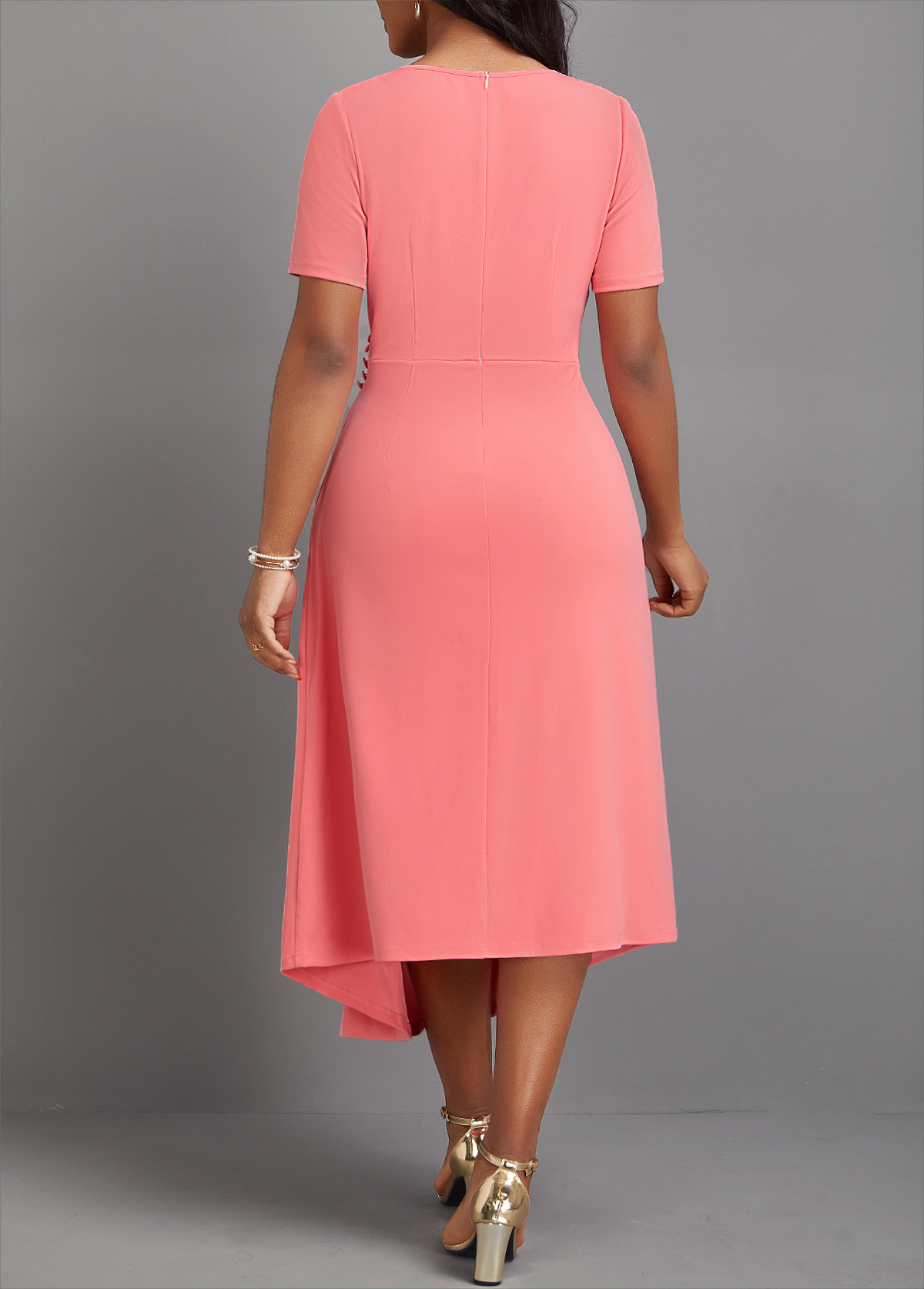 Asymmetry Pink Short Sleeve Round Neck Dress
