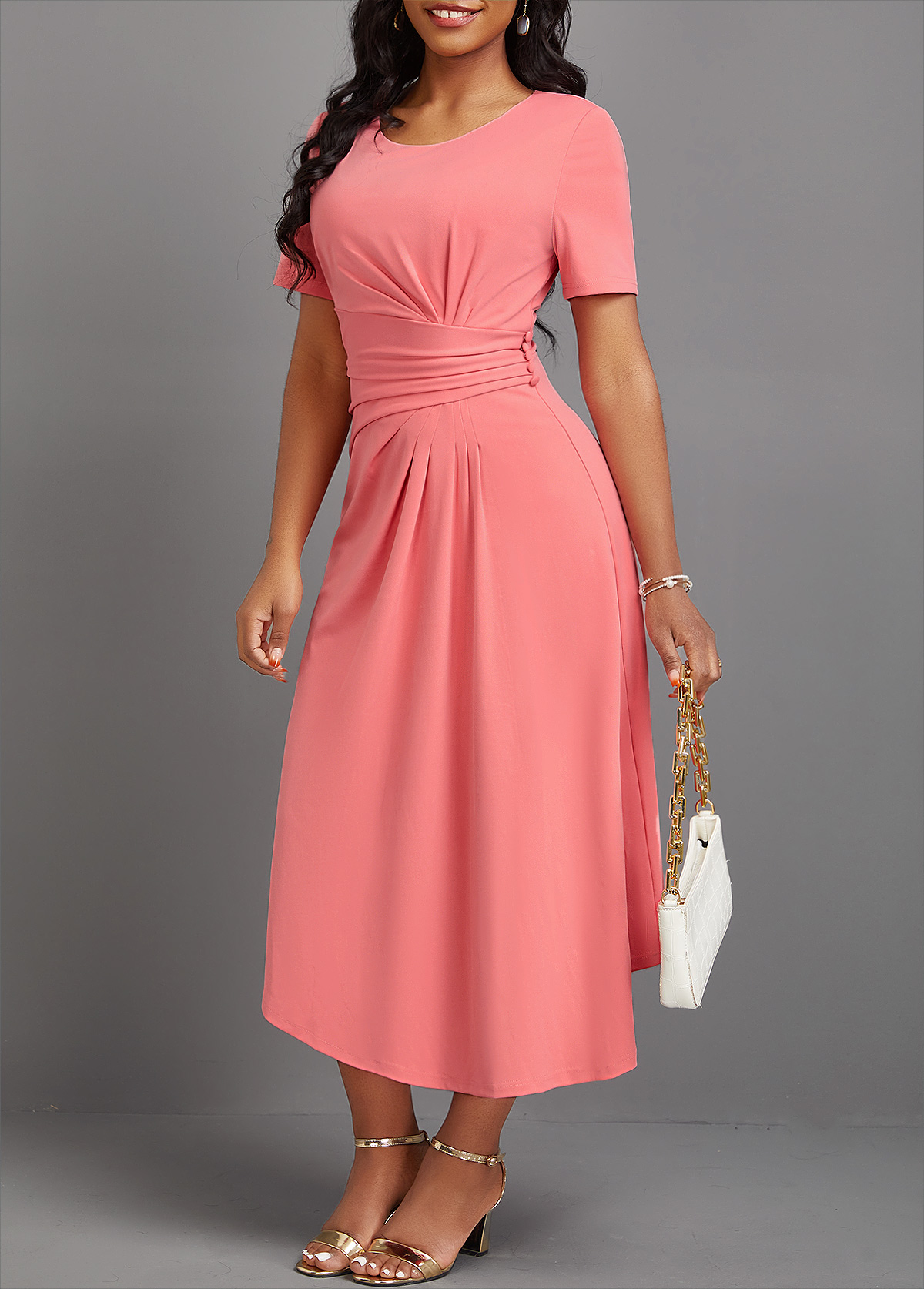 Asymmetry Pink Short Sleeve Round Neck Dress