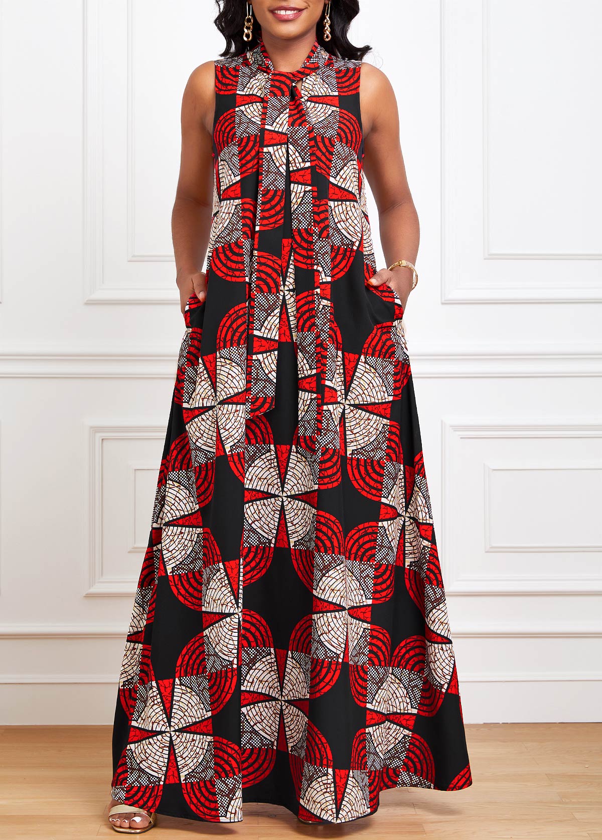 Geometric Print Ribbon Red A Line Sleeveless Dress