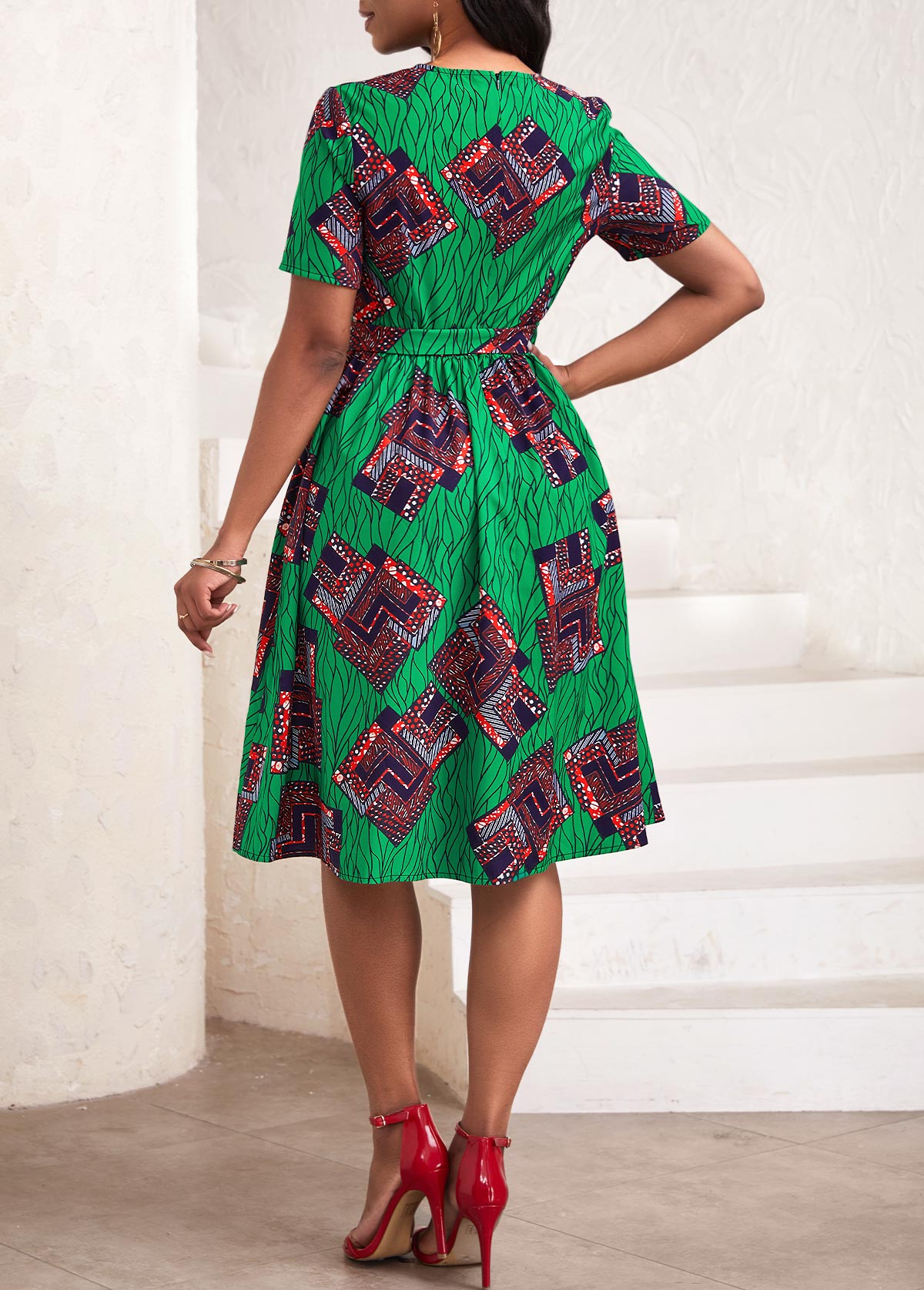 African Tribal Print Pocket Belted Green Short Sleeve Dress