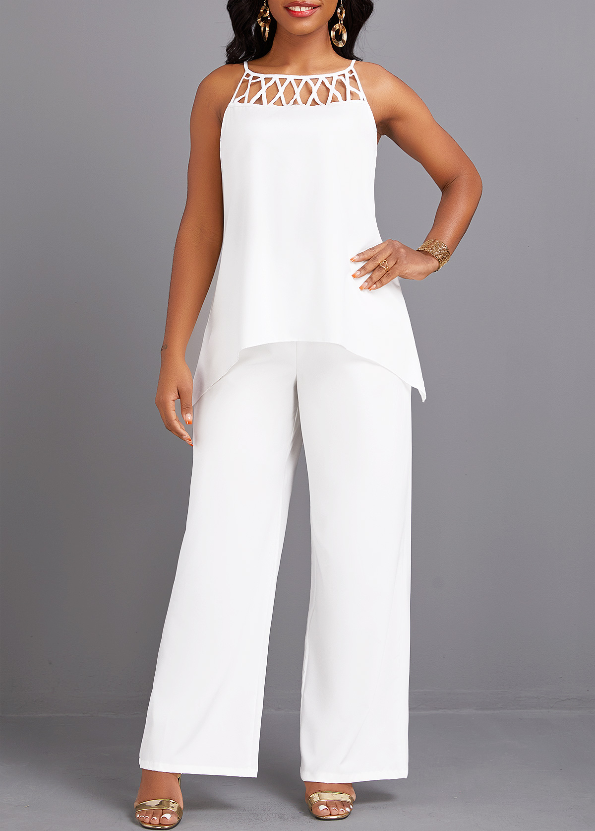 Sleeveless Cage Neck White Long Top and Pants