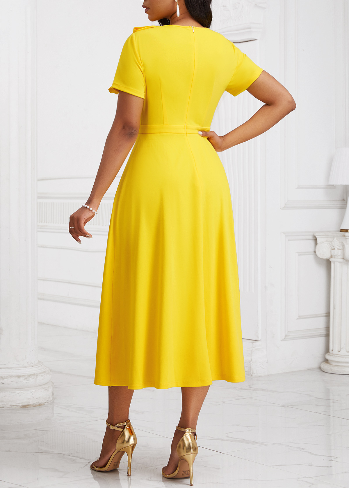 Zipper Yellow Short Sleeve Asymmetrical Neck Dress