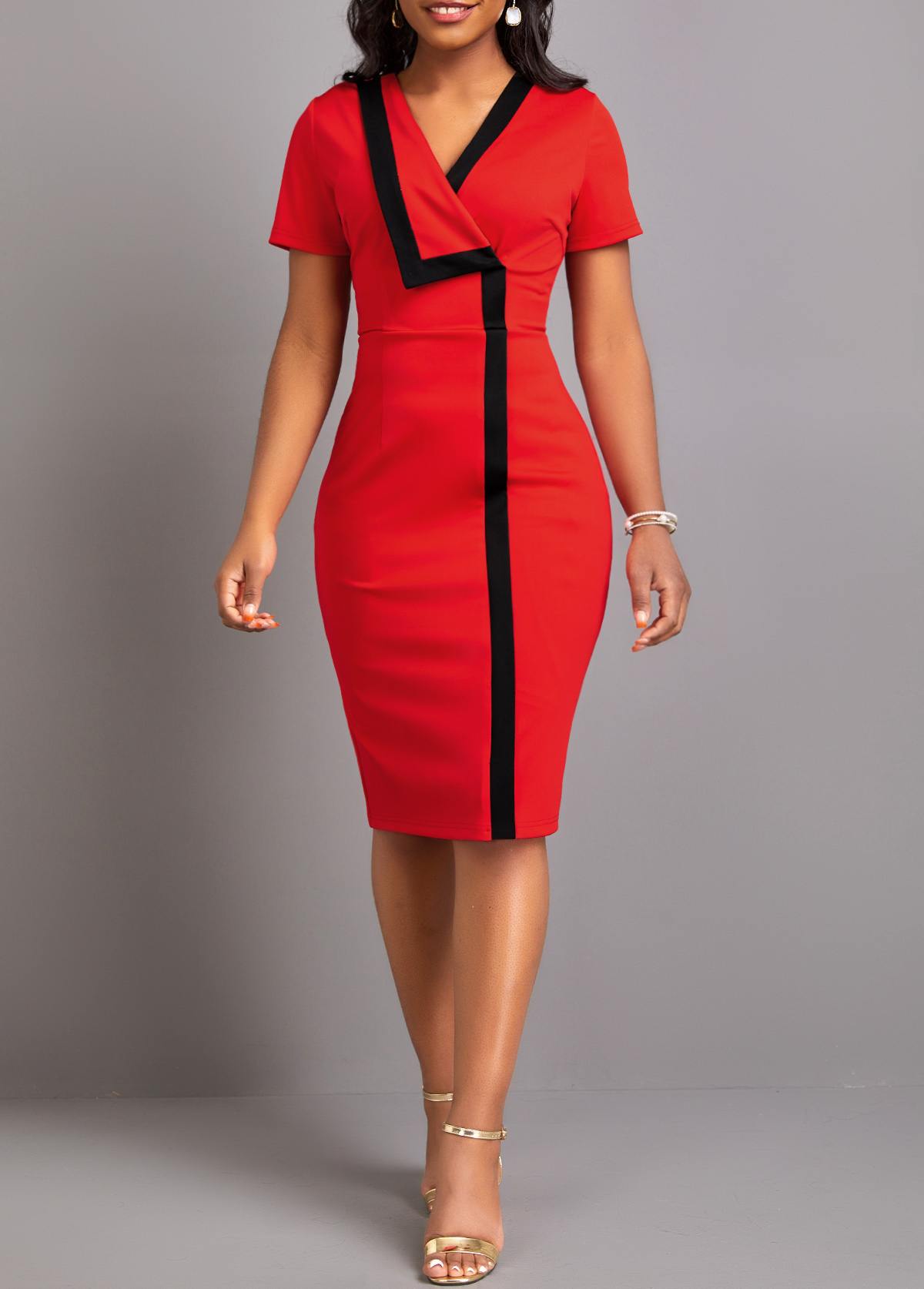 Patchwork Red Short Sleeve V Neck Bodycon Dress