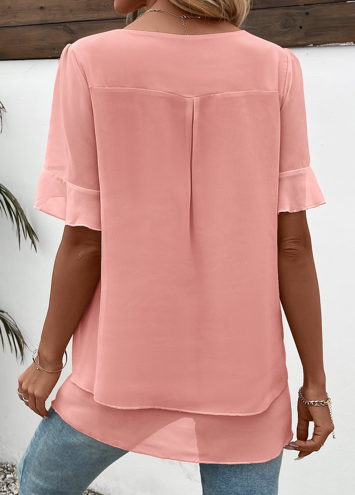 Layered Pink Short Sleeve Round Neck Blouse