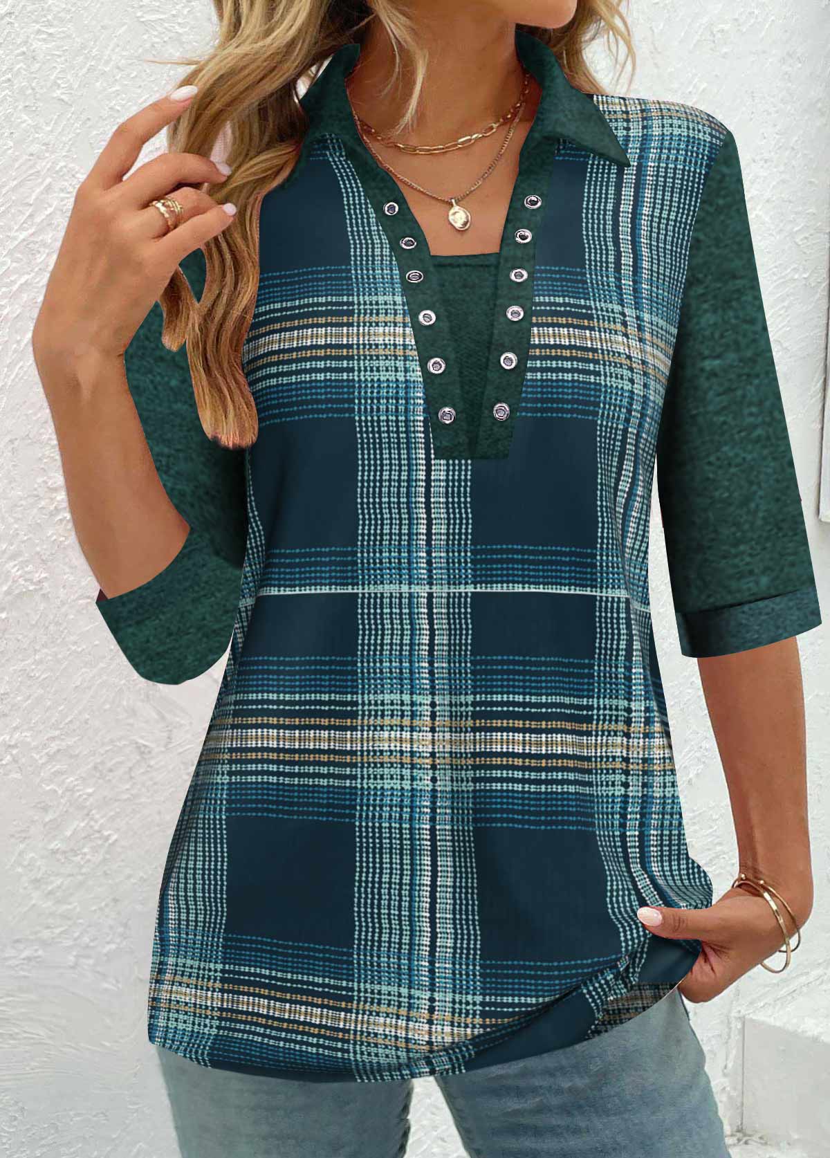 Plaid Patchwork Peacock Blue Half Sleeve Shirt Collar Blouse