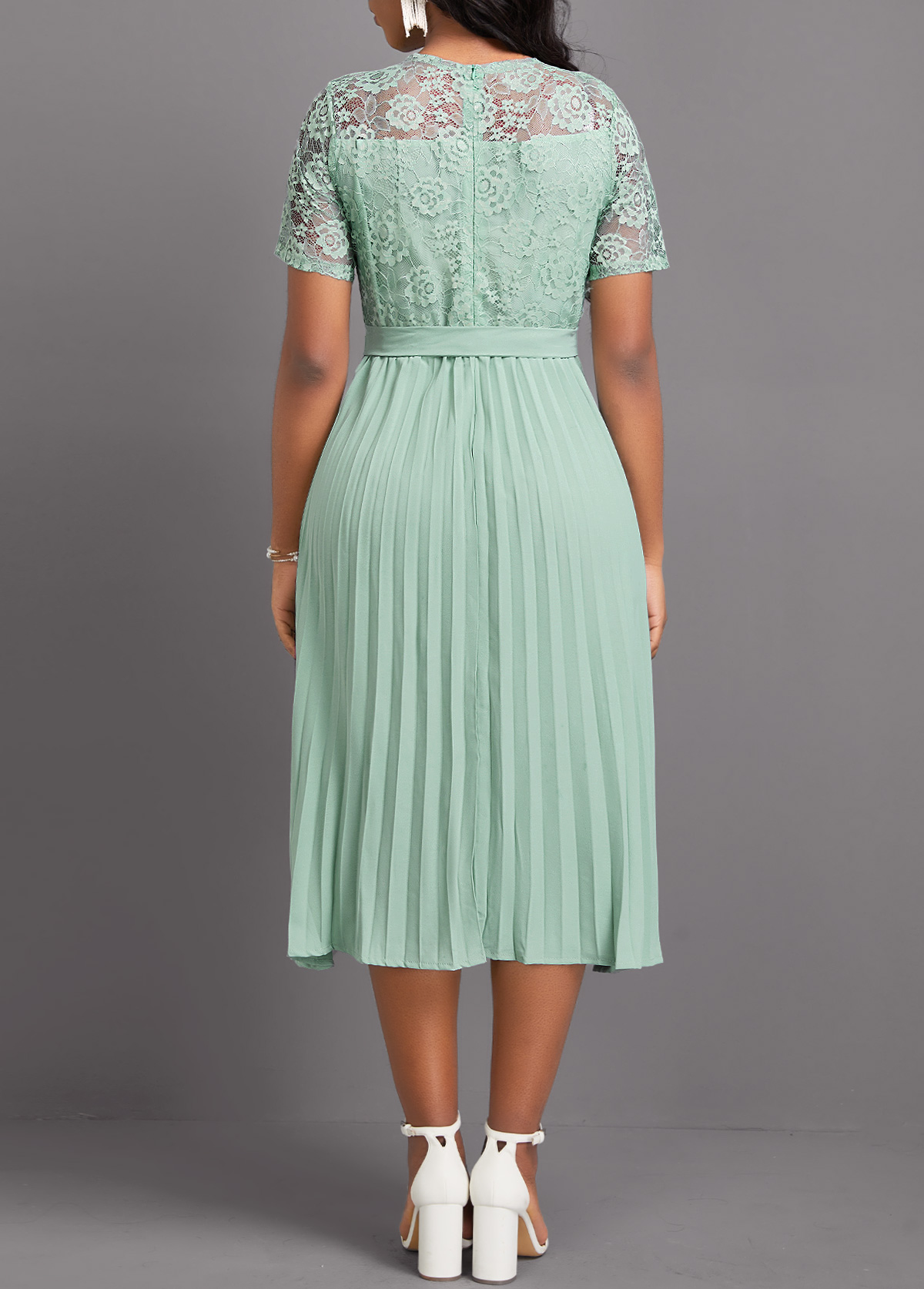 Lace Belted Light Green Short Sleeve Round Neck Dress