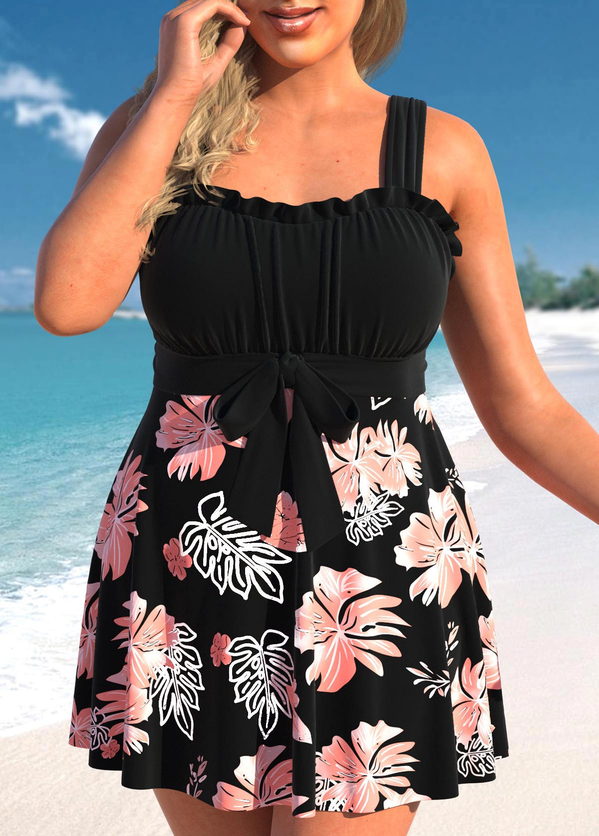 Black Plus Size Floral Print Frill Swimdress Set