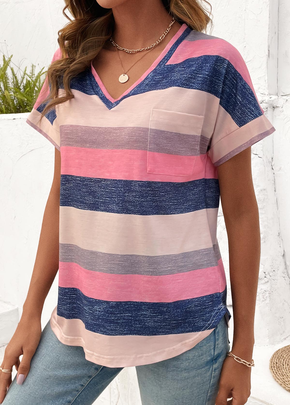 Striped Pocket Multi Color Short Sleeve T Shirt