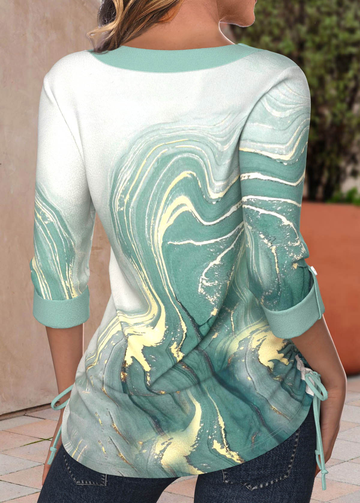 Marble Print Ruched Light Green 3/4 Sleeve T Shirt