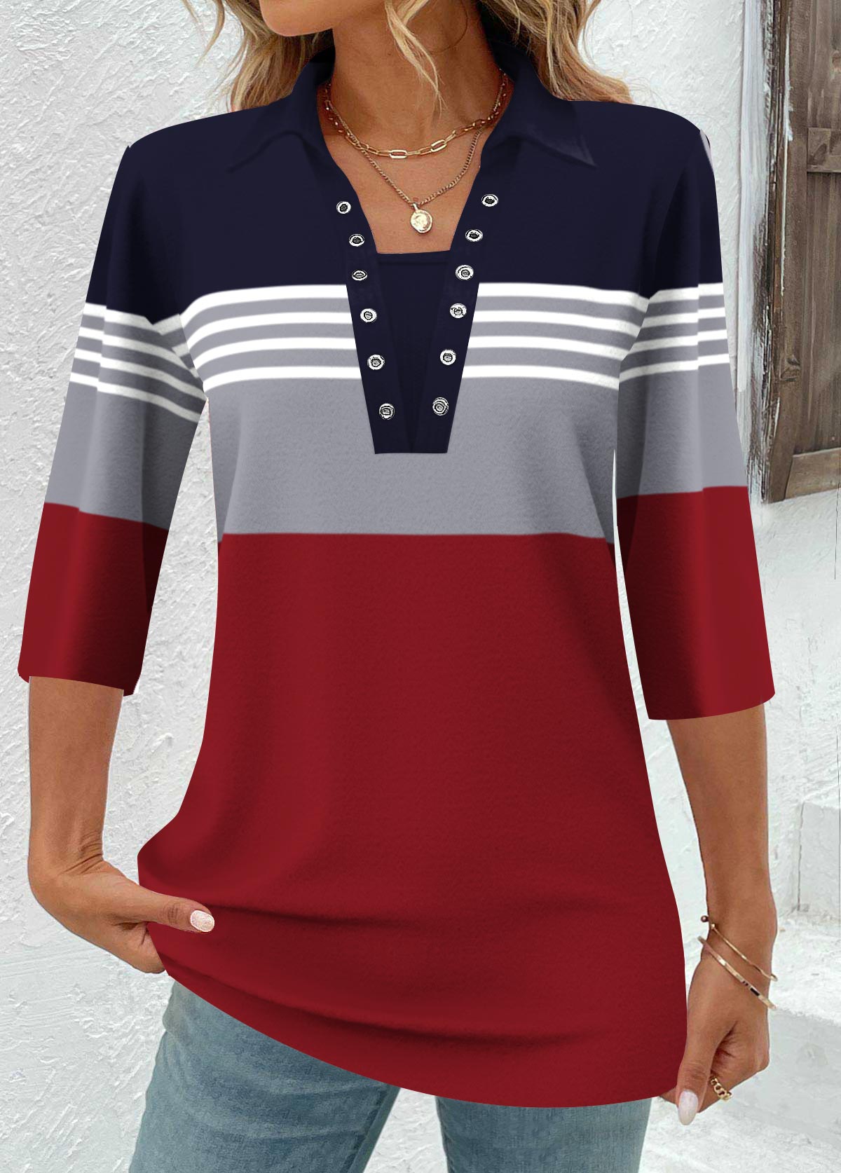Striped Eyelet Navy 3/4 Sleeve Shirt Collar Blouse