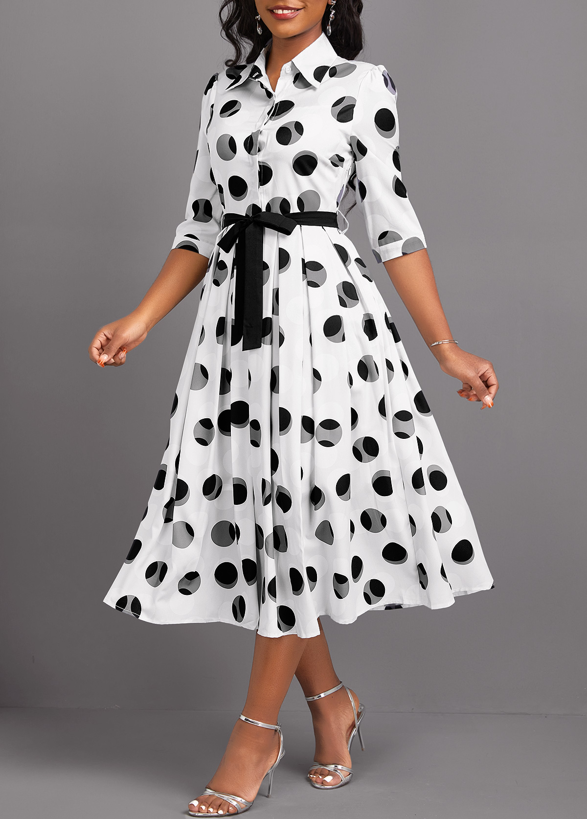 Geometric Print Button Belted White 3/4 Sleeve Dress