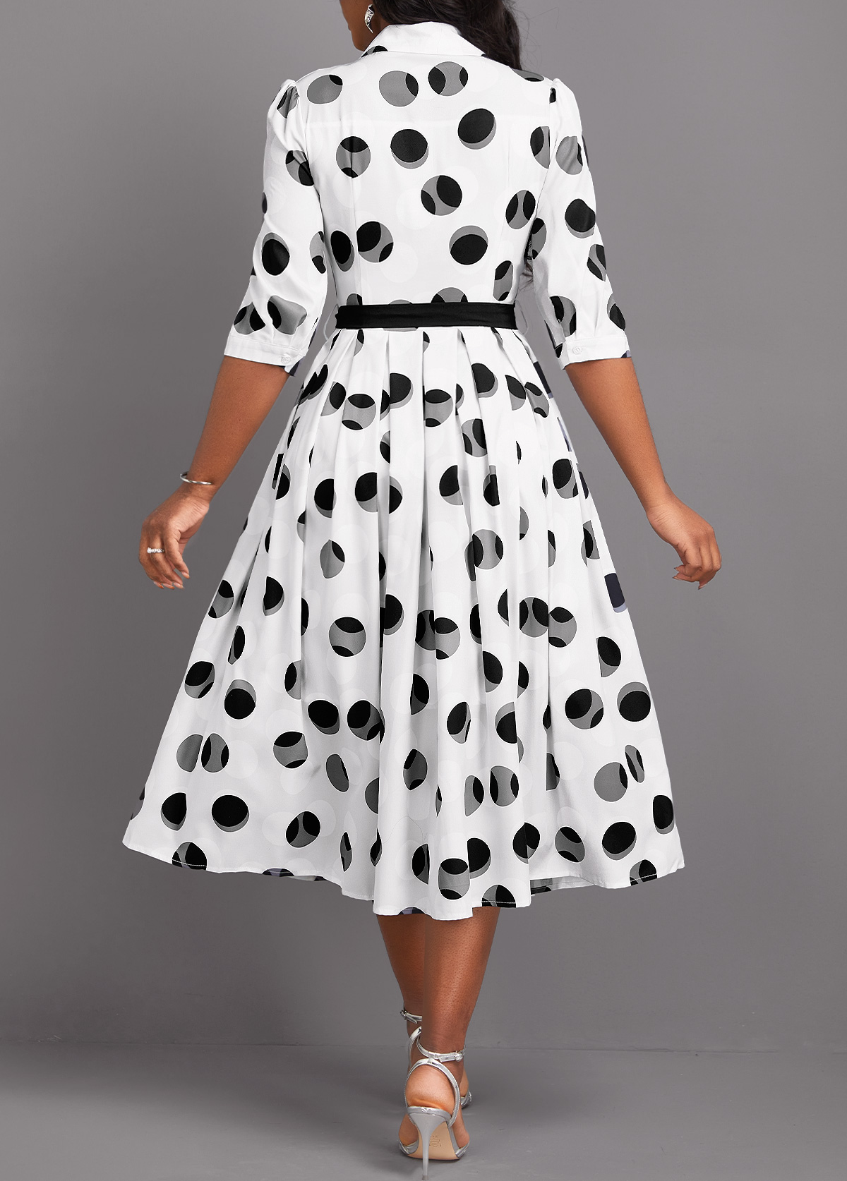 Geometric Print Button Belted White 3/4 Sleeve Dress