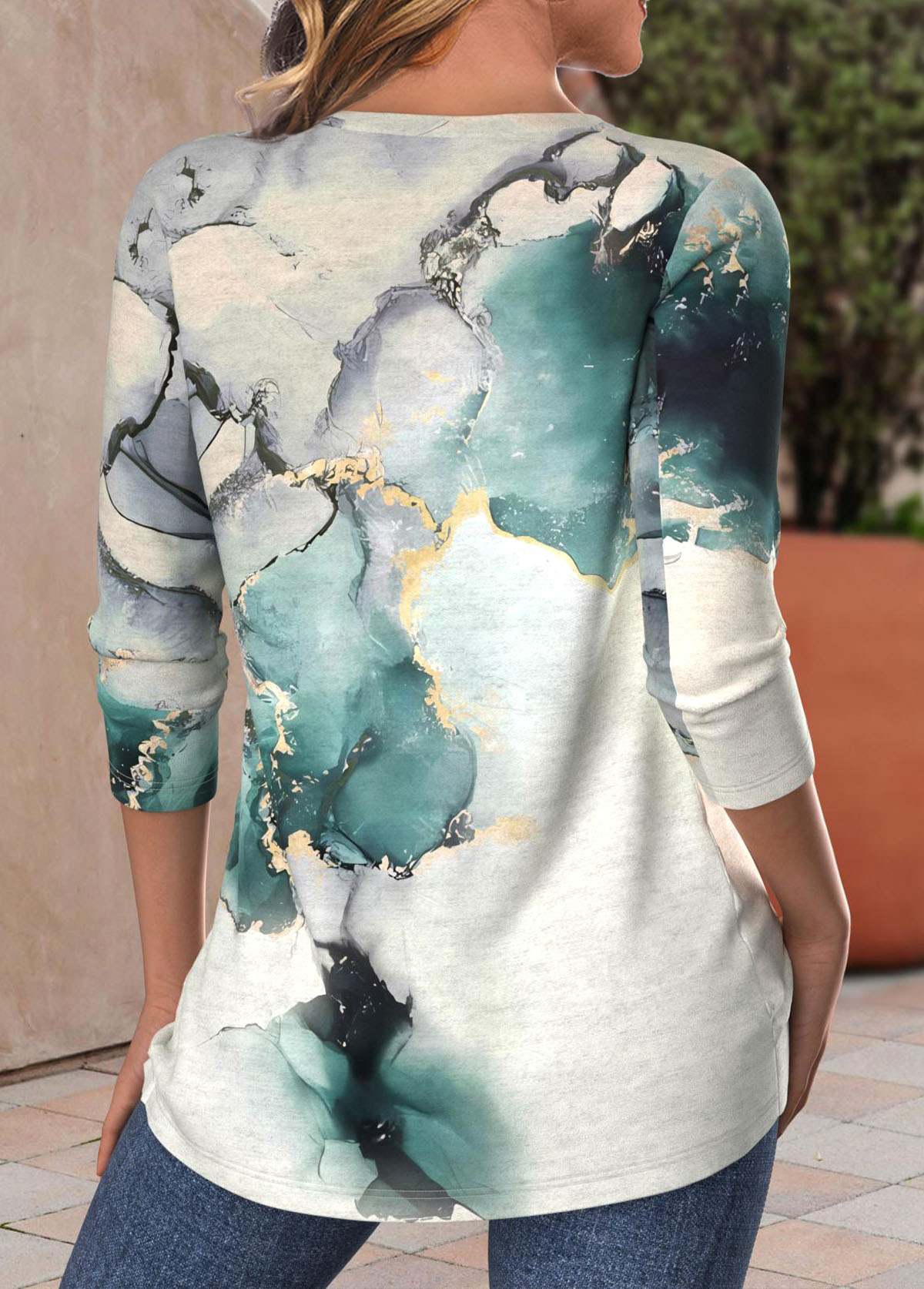Marble Print Criss Cross Turquoise Long Sleeve T Shirt