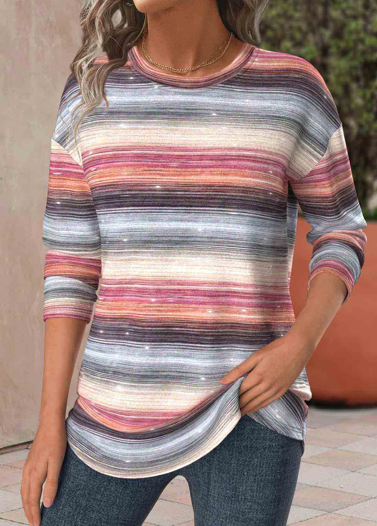 Striped Multi Color Long Sleeve Round Neck T Shirt