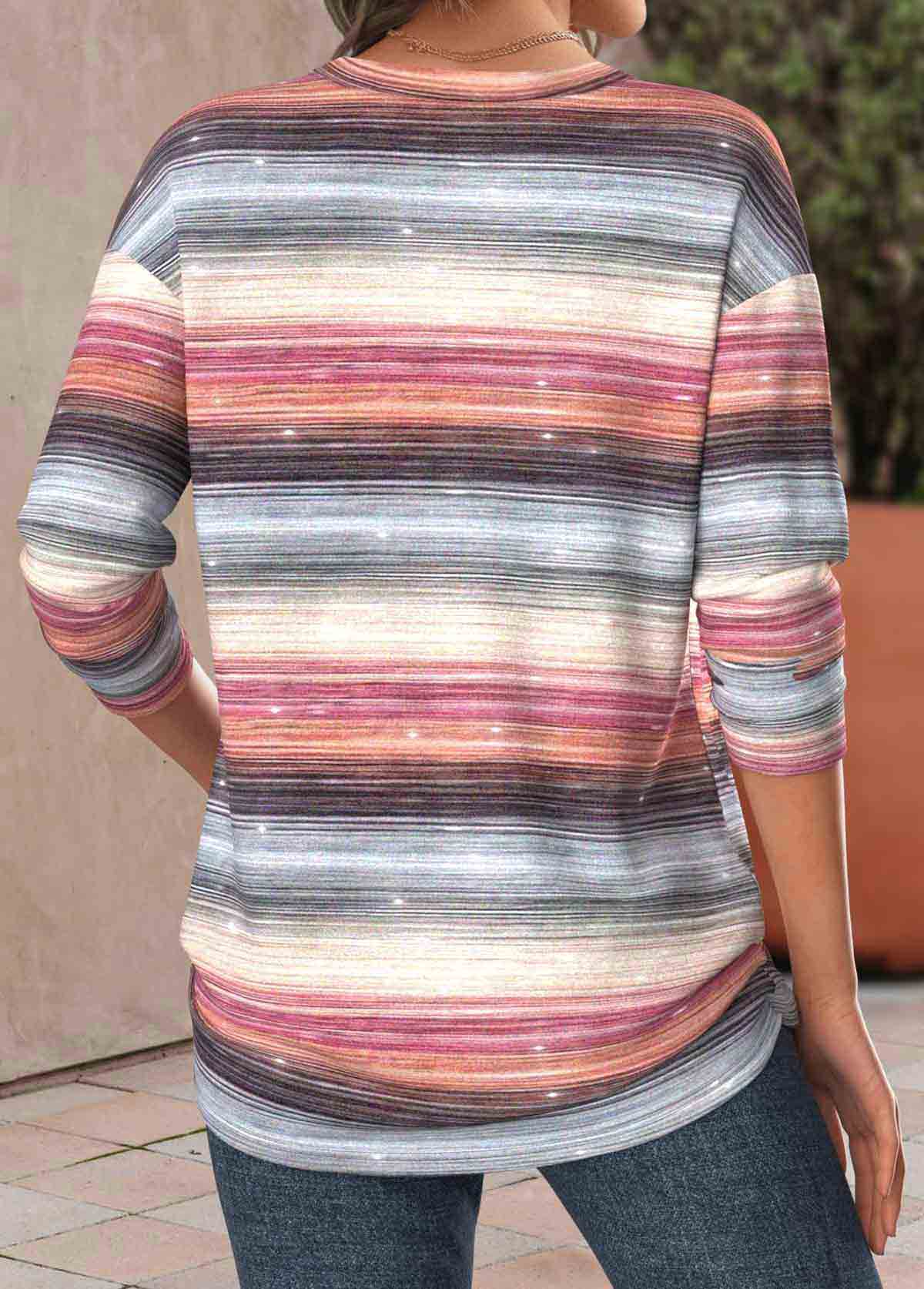 Striped Multi Color Long Sleeve Round Neck T Shirt