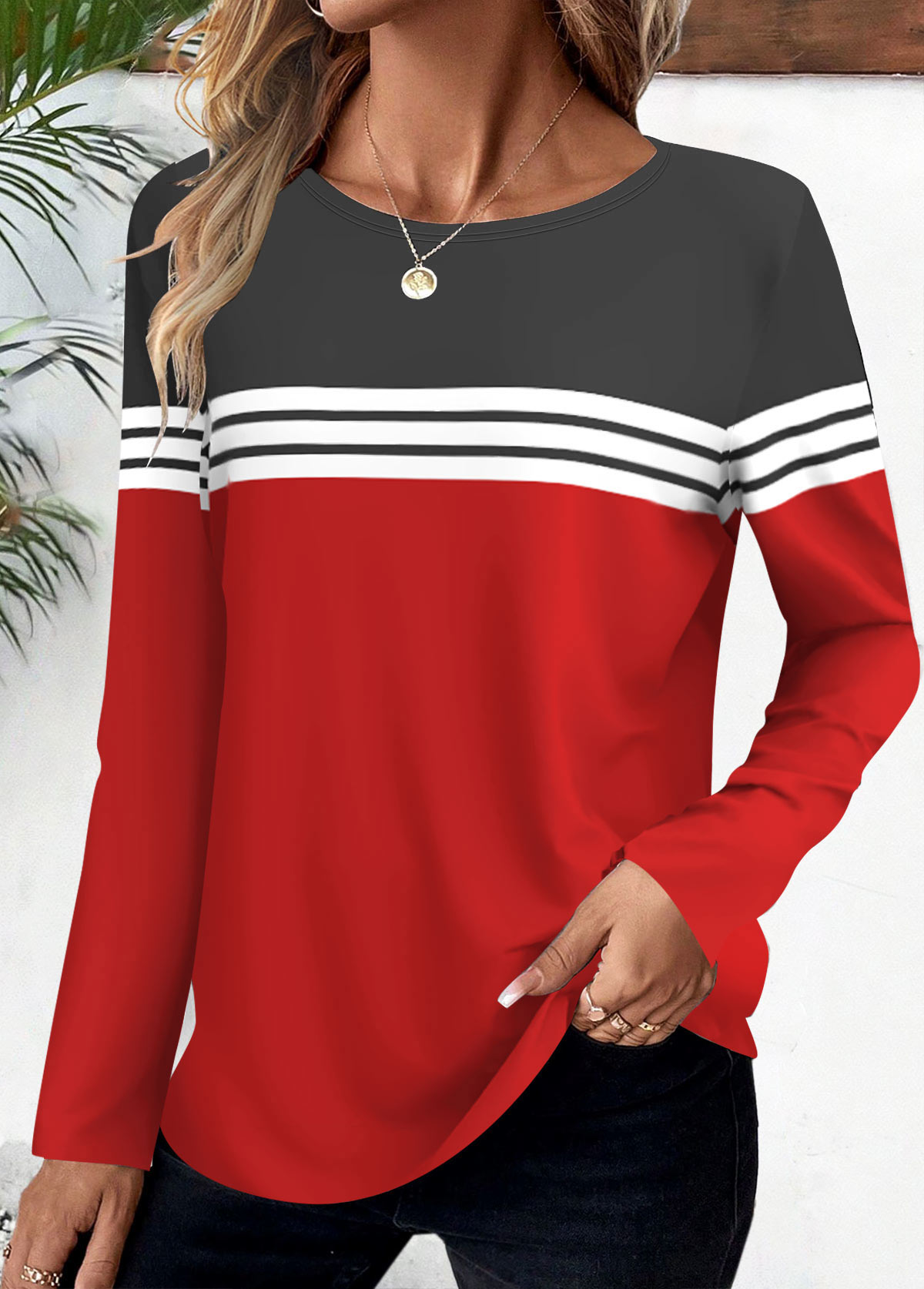 Plus Size Striped Red Long Sleeve T Shirt