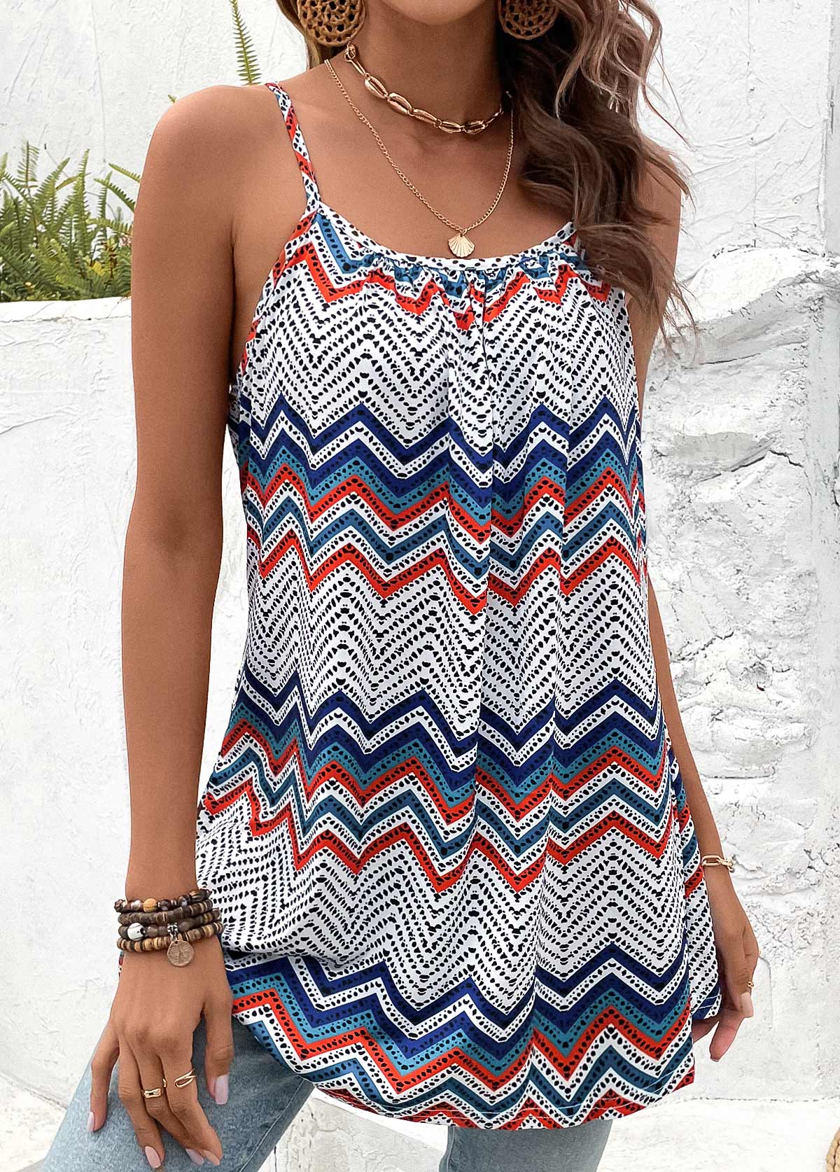 Striped Ruched Multi Color Scoop Neck Camisole Top