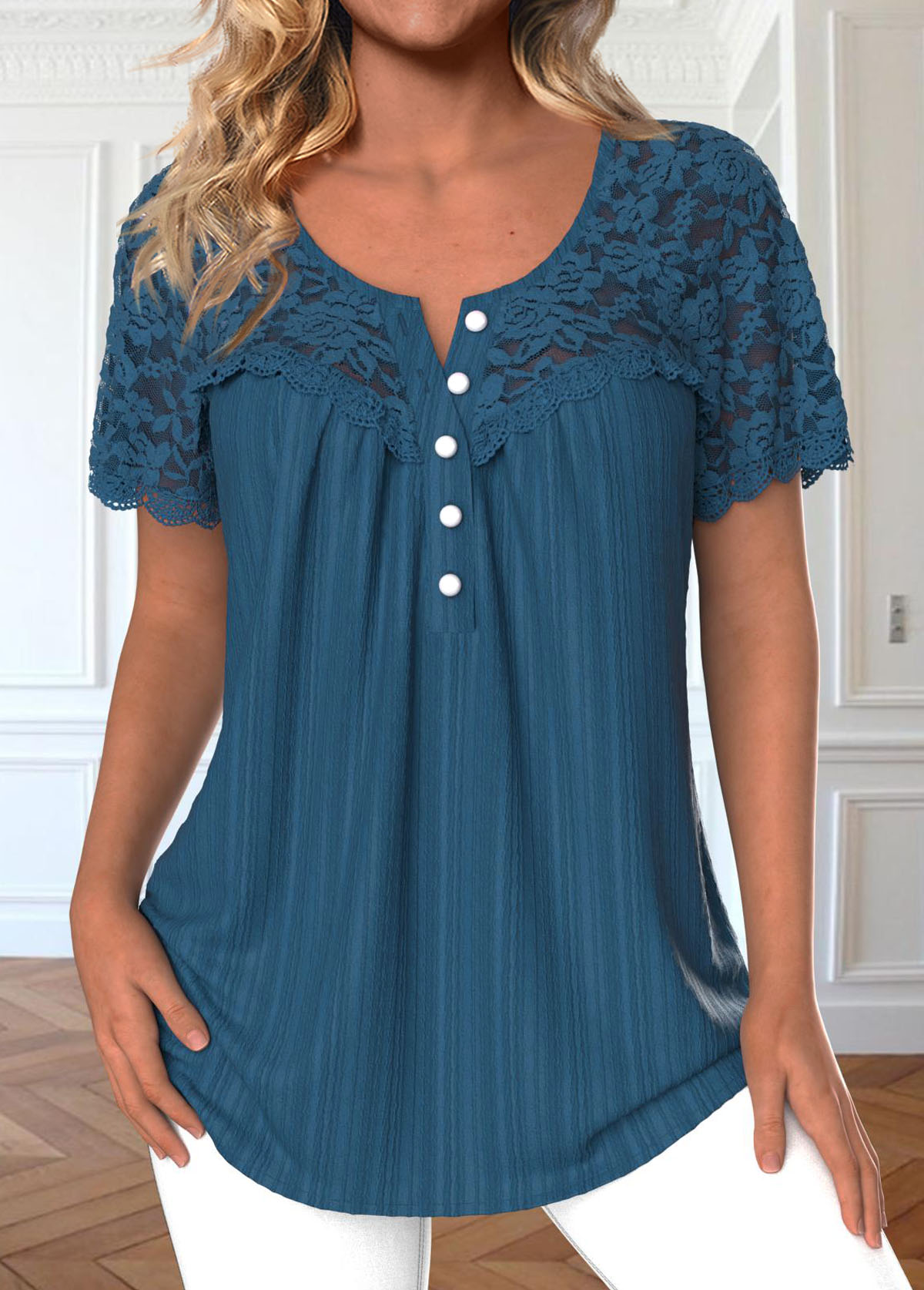Patchwork Peacock Blue Short Sleeve Round Neck Blouse