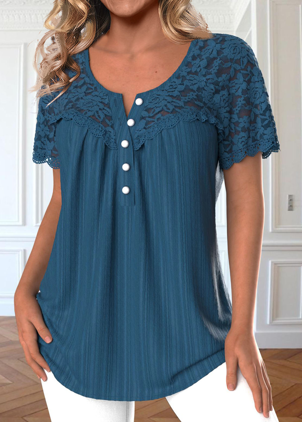 Patchwork Peacock Blue Short Sleeve Round Neck Blouse