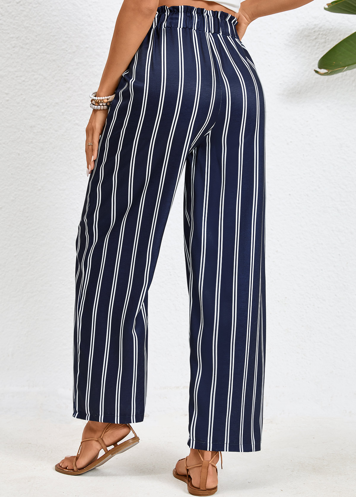 Striped Double Side Pockets Navy Elastic Waist Pants