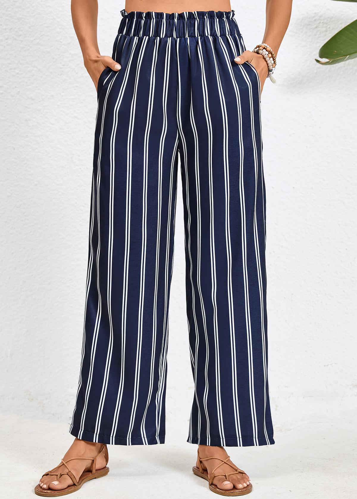 Striped Double Side Pockets Navy Elastic Waist Pants