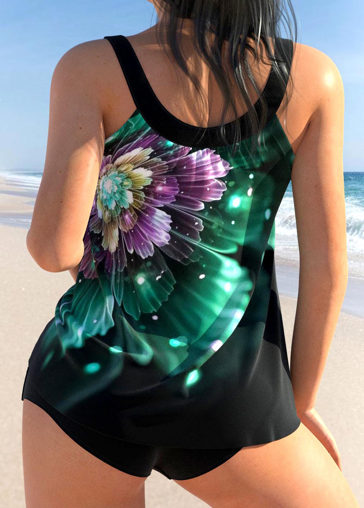 Floral Print Patchwork Scoop Neck Tankini Set