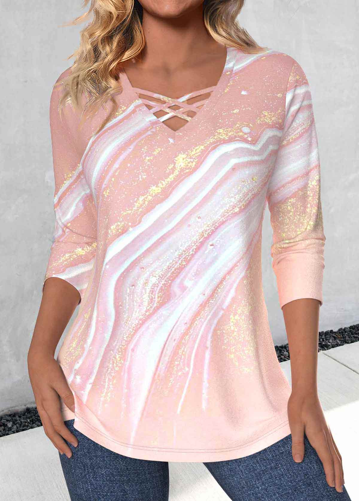 Marble Print Criss Cross Dusty Pink T Shirt