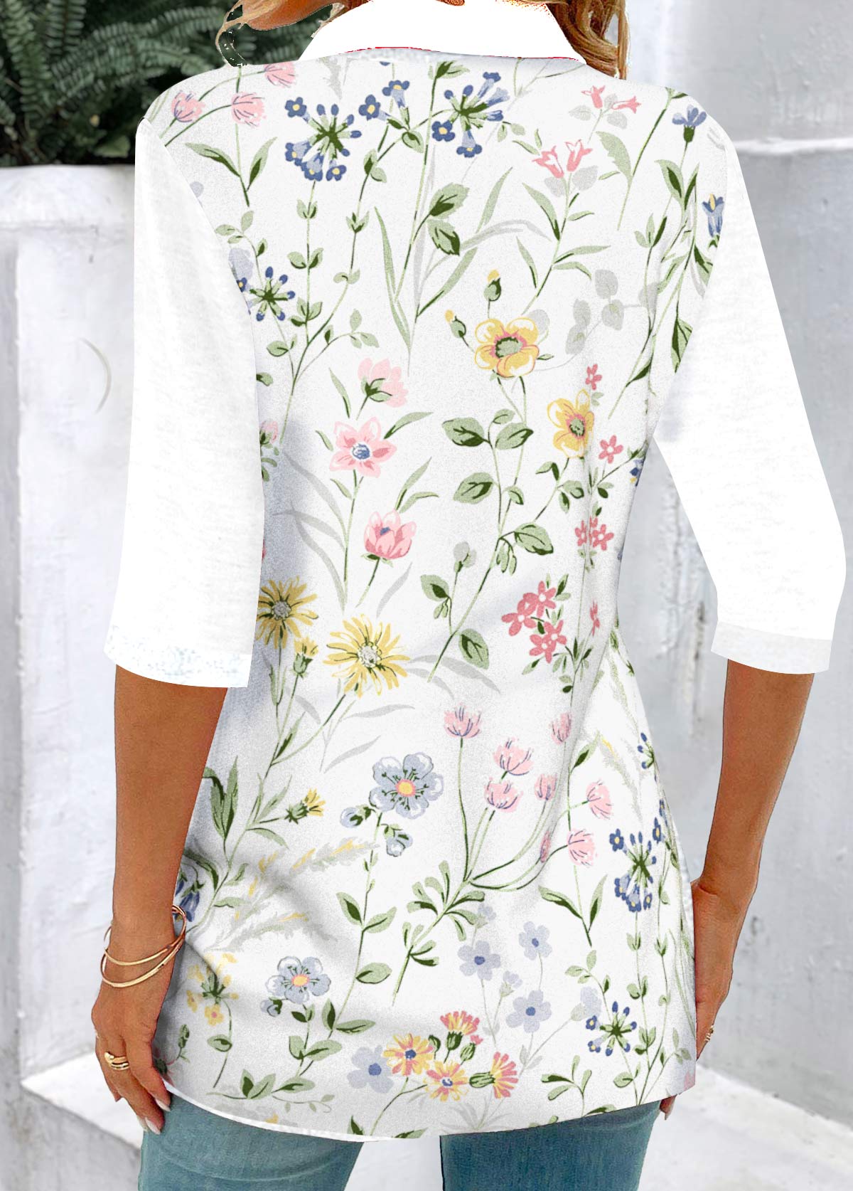 Floral Print Patchwork White Shirt Collar Blouse