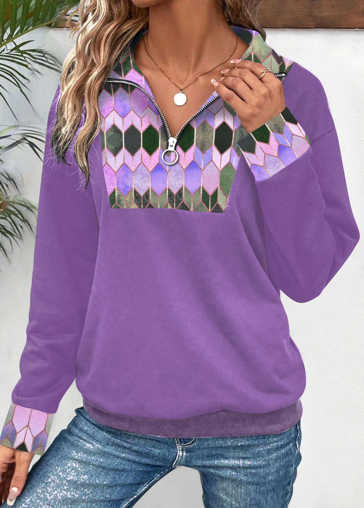 Geometric Print Patchwork Purple Long Sleeve Sweatshirt