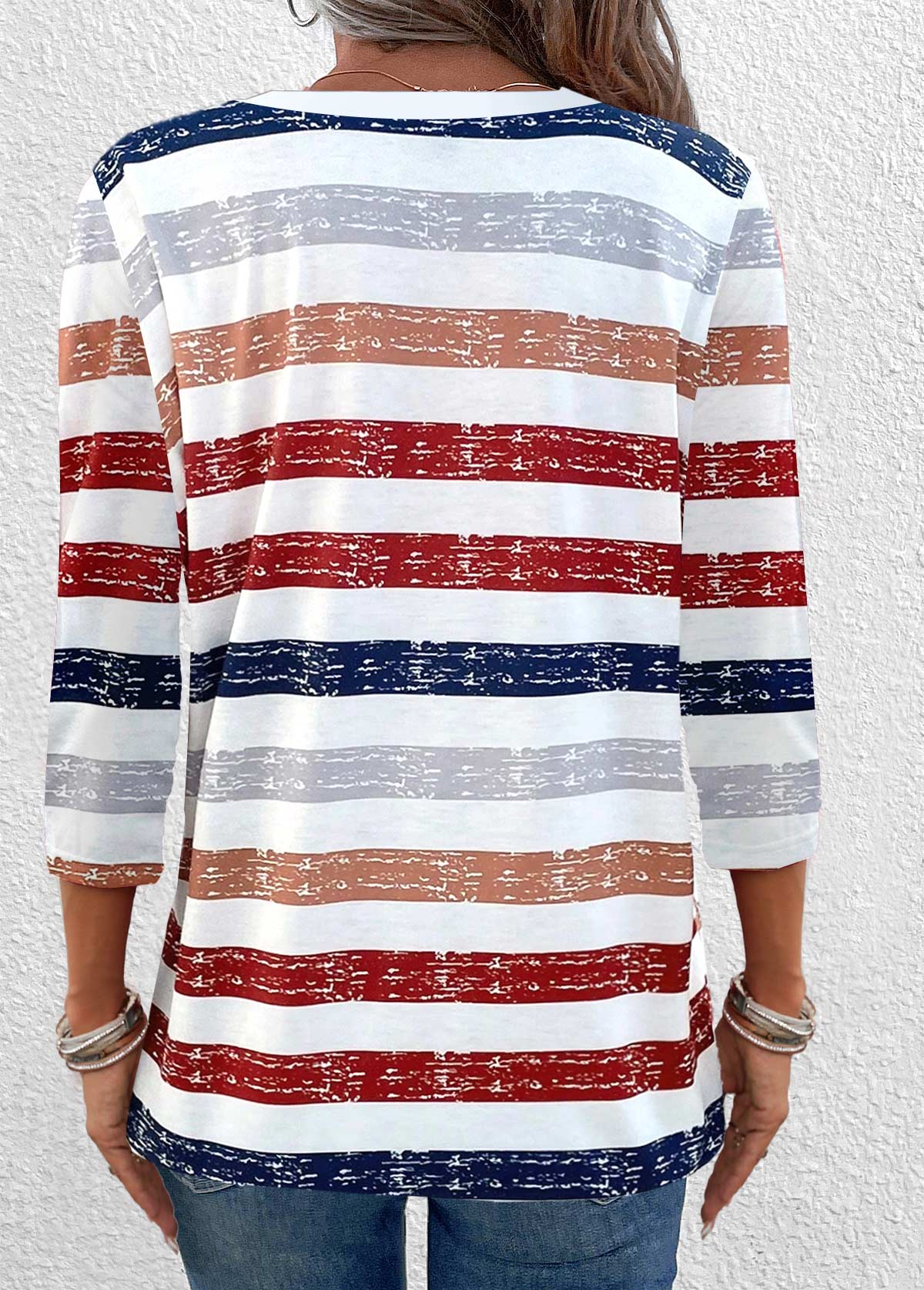 Multi Stripe Print Button Red 3/4 Sleeve T Shirt