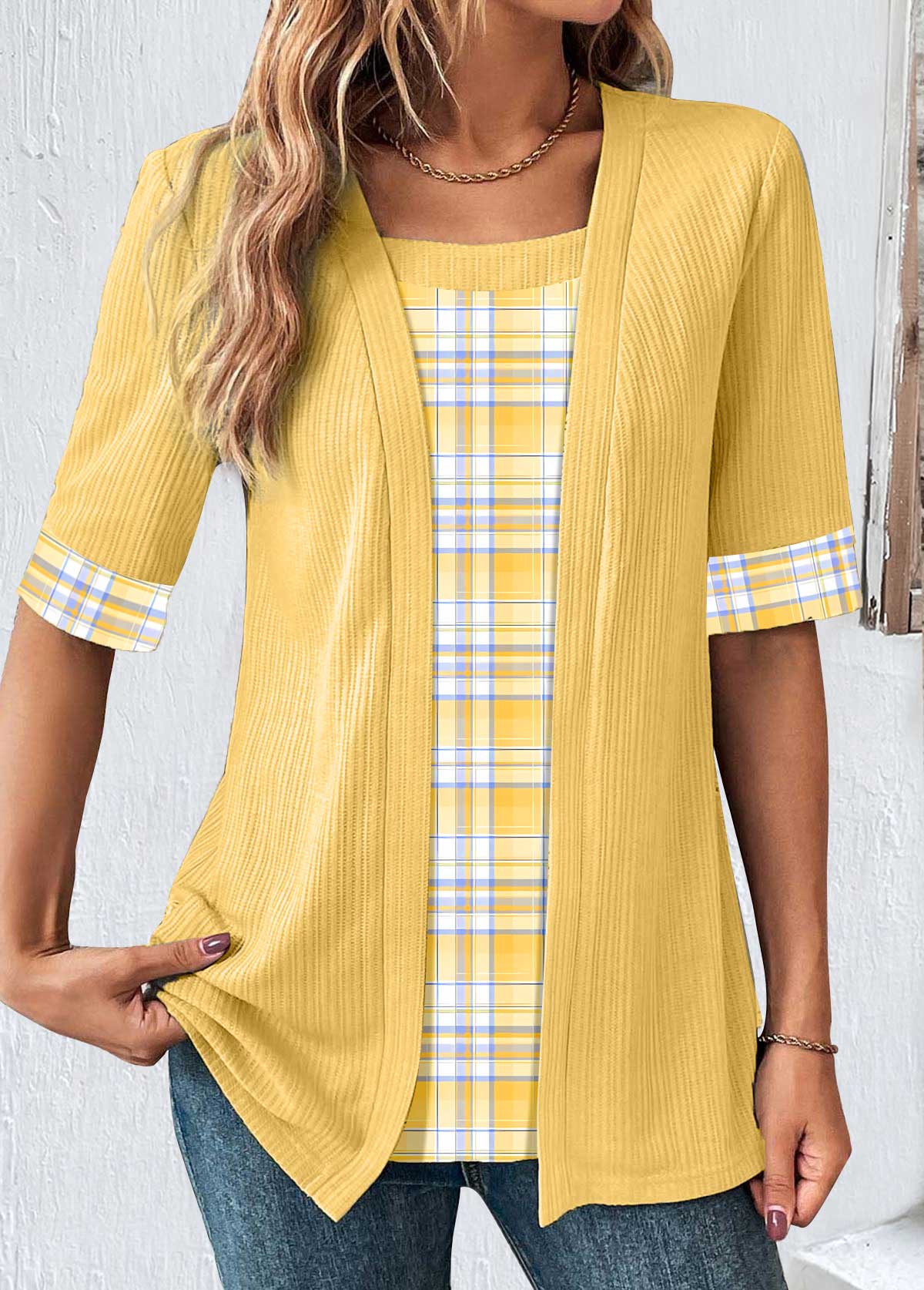 Plaid Fake 2in1 Yellow Half Sleeve T Shirt