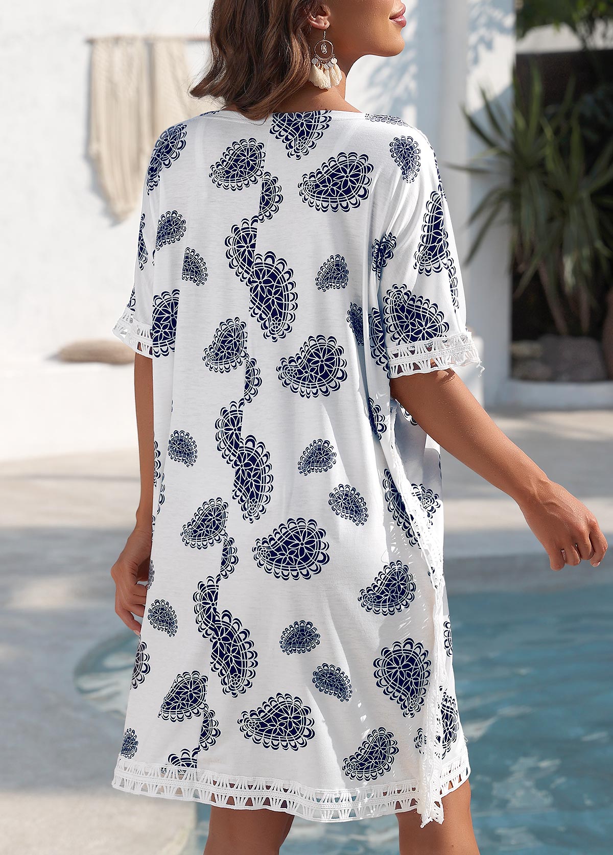 Geometric Print Embroidery White Cover Up