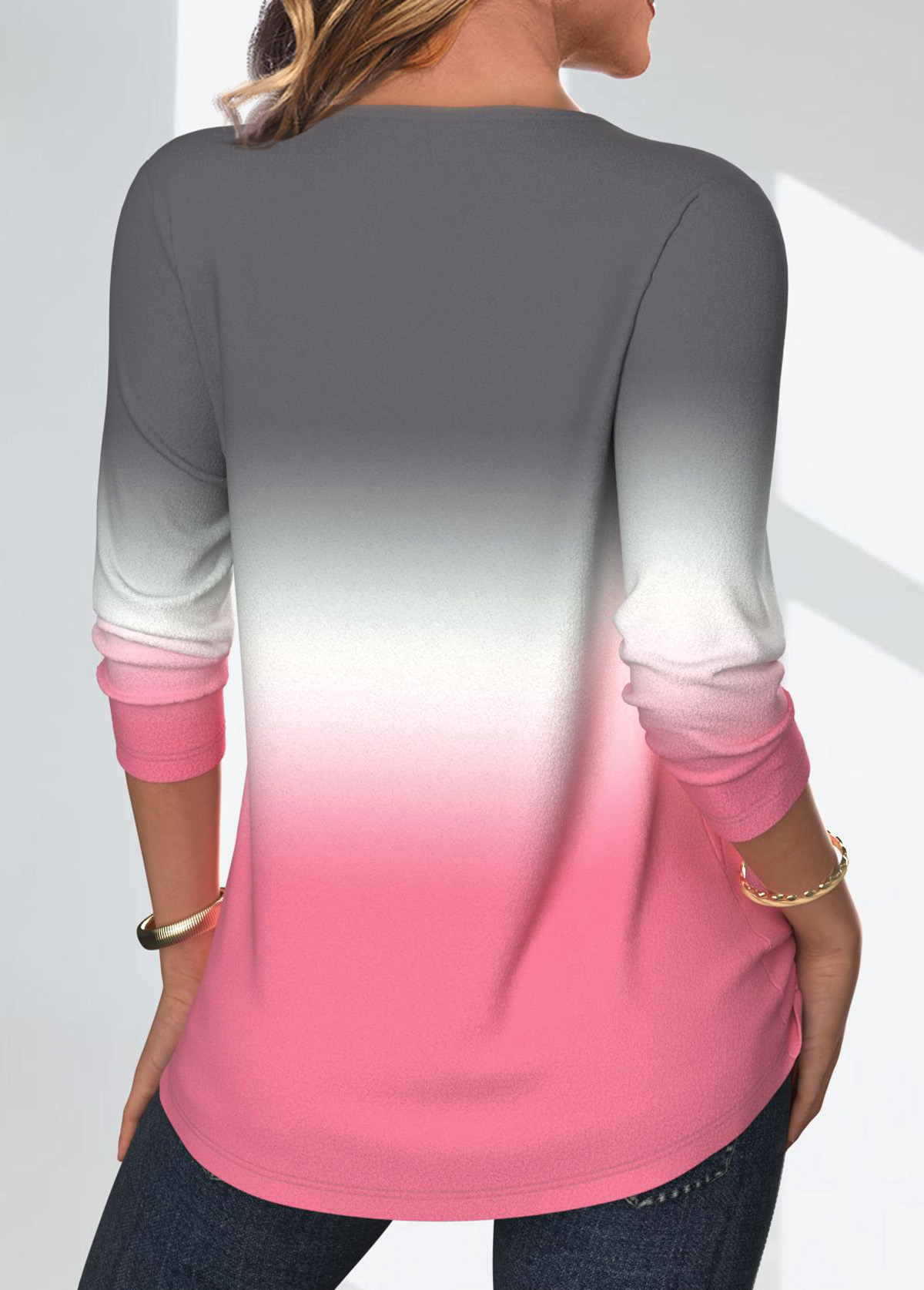 Ombre Tuck Stitch Pink Long Sleeve Round Neck Blouse