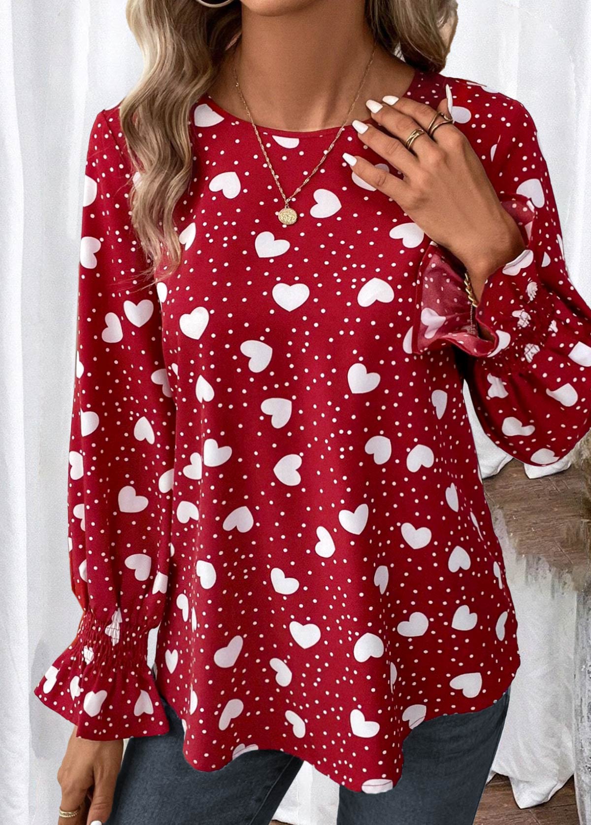 Valentine's Day Print Button Red Long Sleeve Blouse
