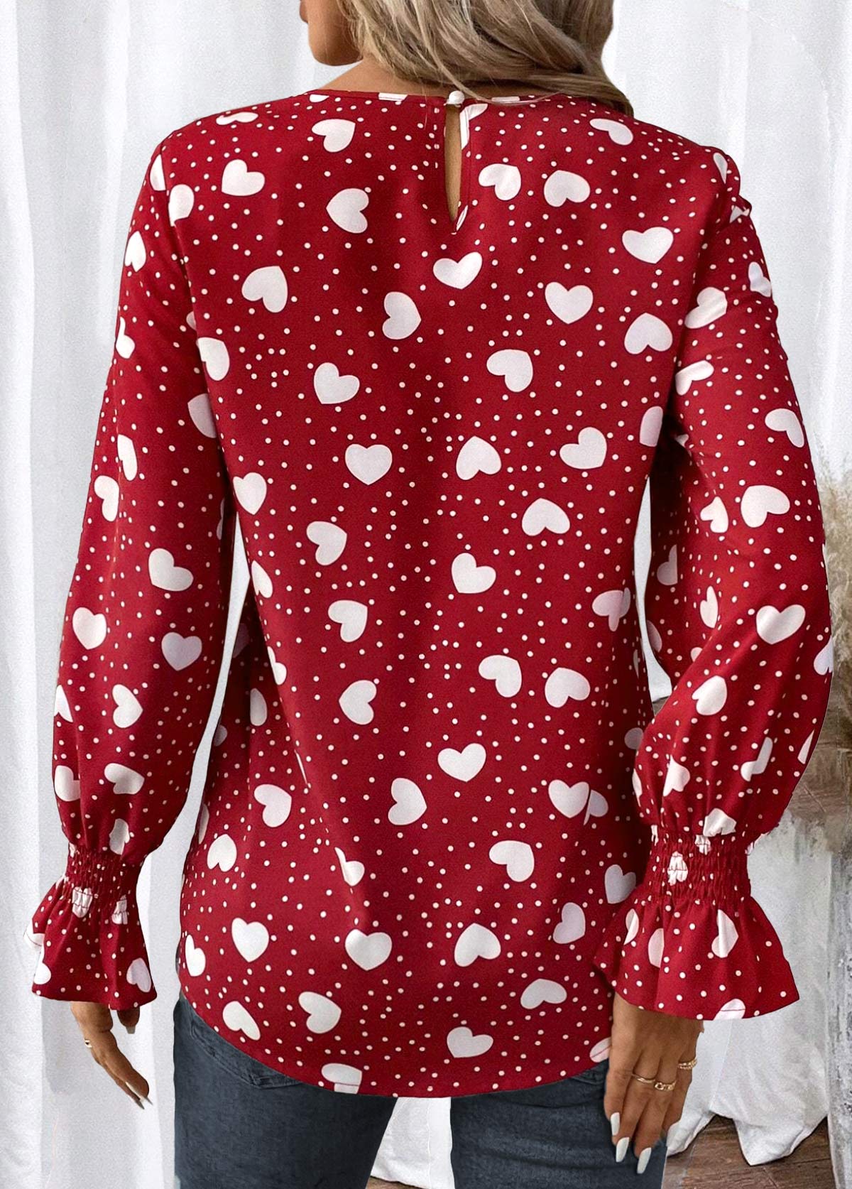 Valentine's Day Print Button Red Long Sleeve Blouse