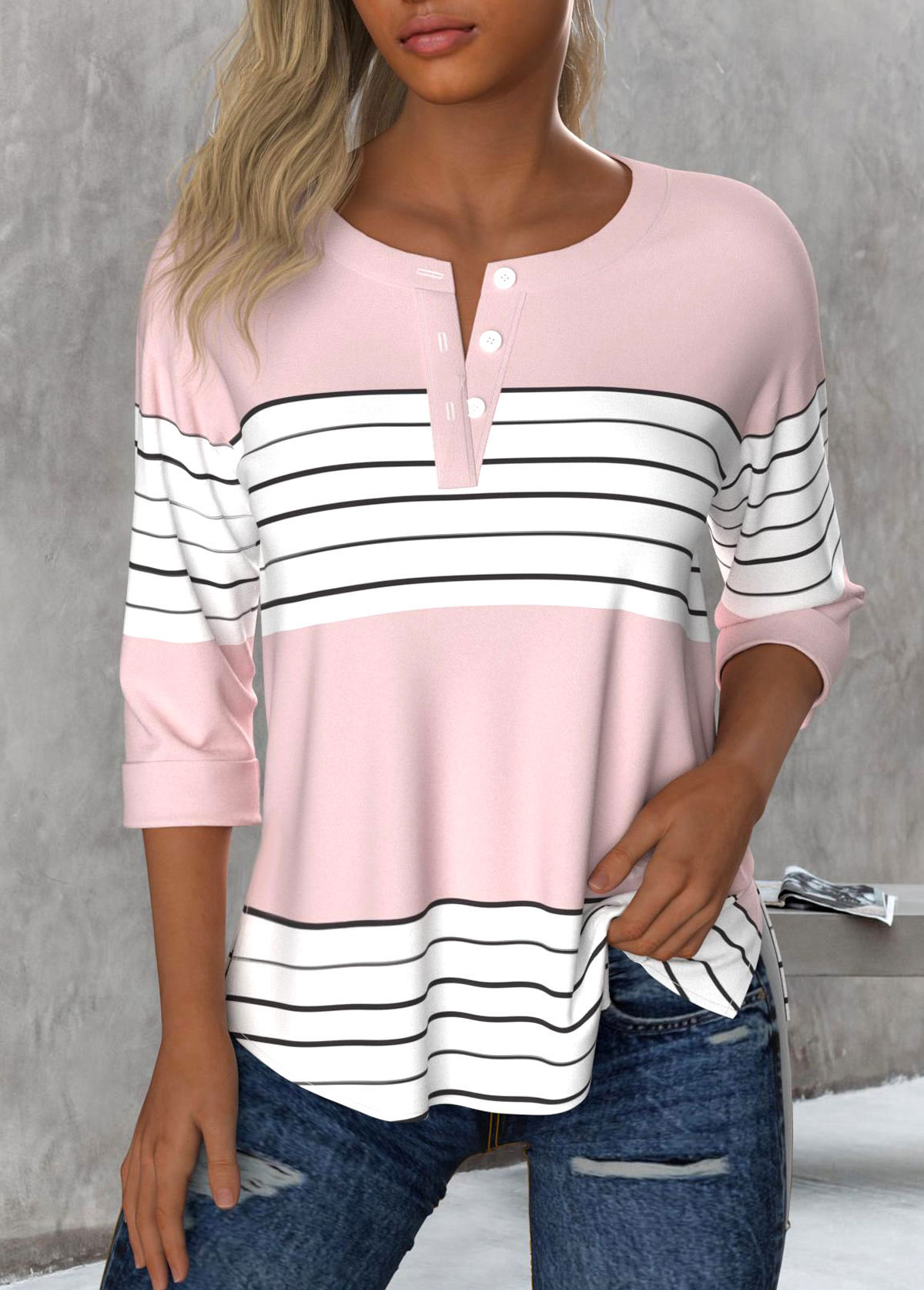 Striped Button Light Pink 3/4 Sleeve Round Neck Blouse