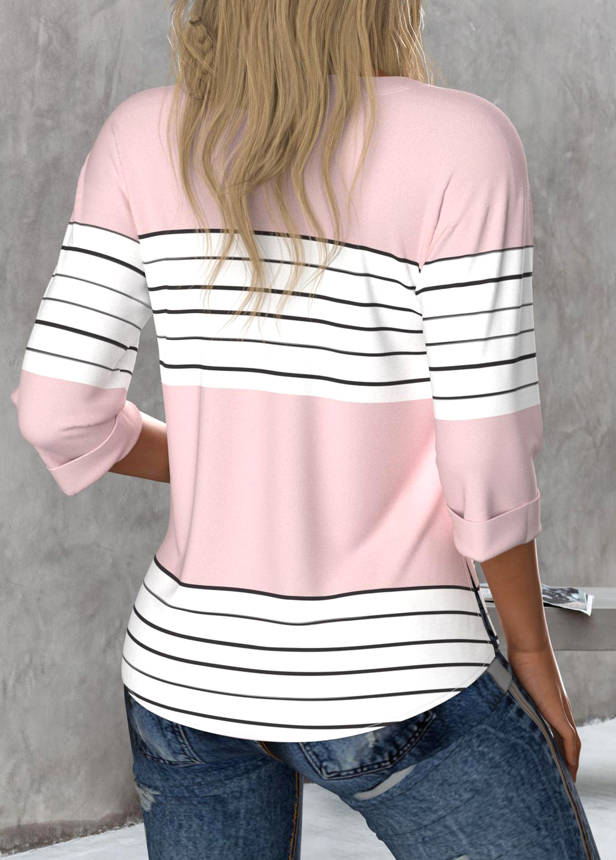 Striped Button Light Pink 3/4 Sleeve Round Neck Blouse