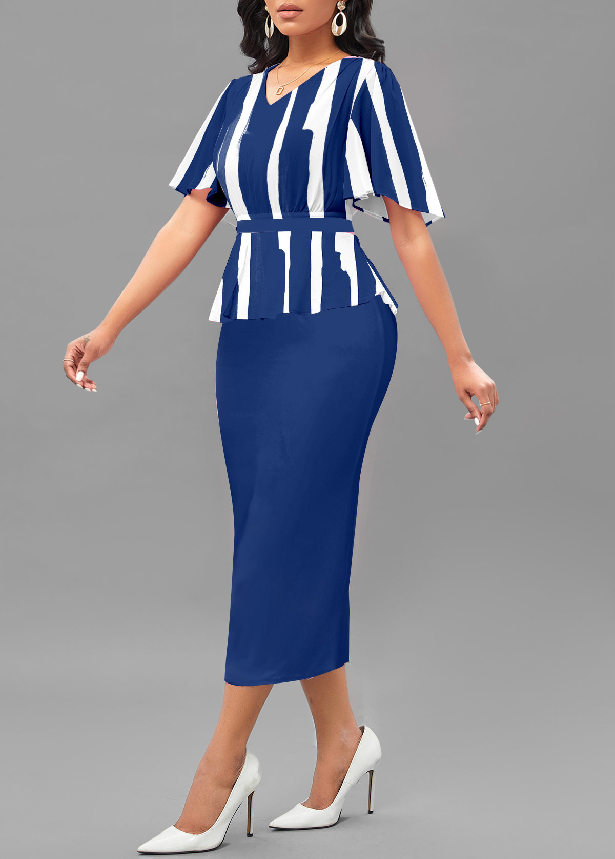 Striped Patchwork Blue Short Sleeve V Neck Bodycon Dress