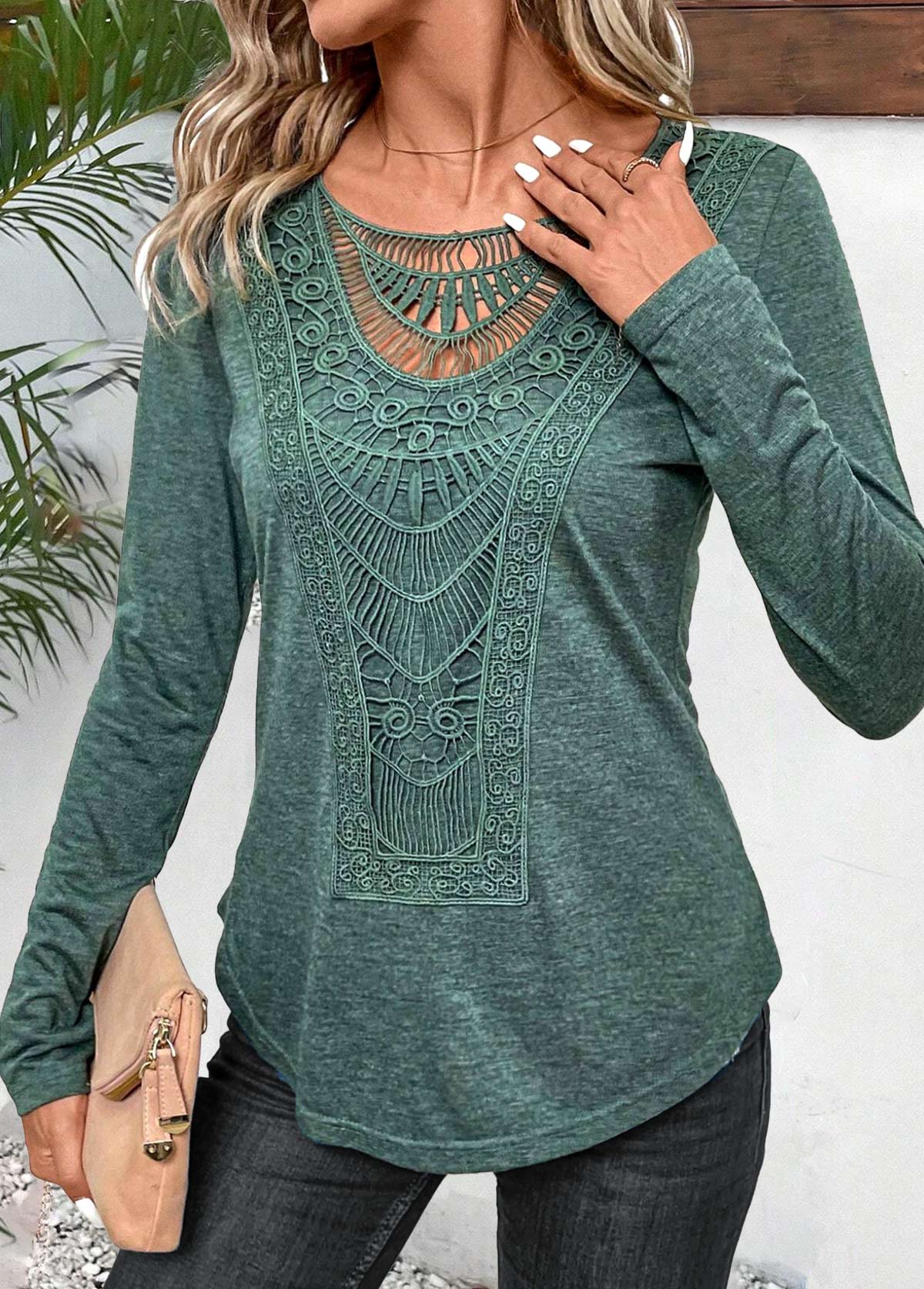 Lace Sage Green Long Sleeve Round Neck T Shirt