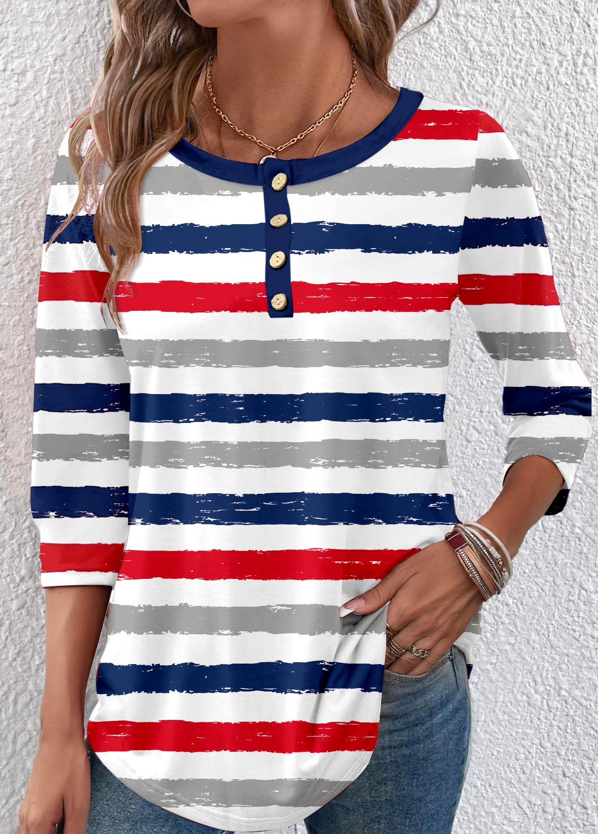 Striped Button Multi Color 3/4 Sleeve T Shirt