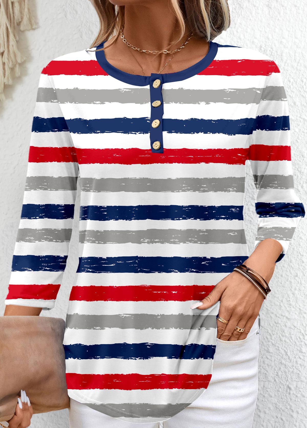 Striped Button Multi Color 3/4 Sleeve T Shirt