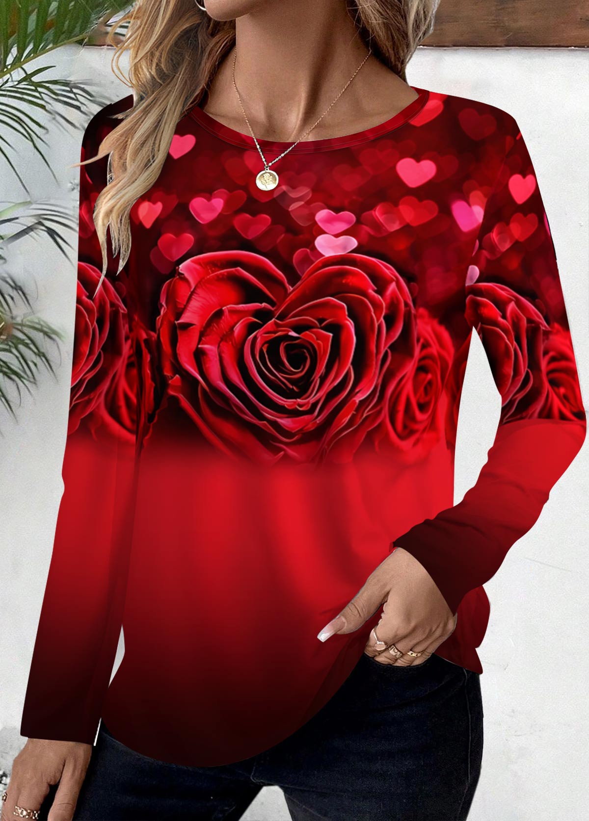 Floral Print Red Long Sleeve T Shirt