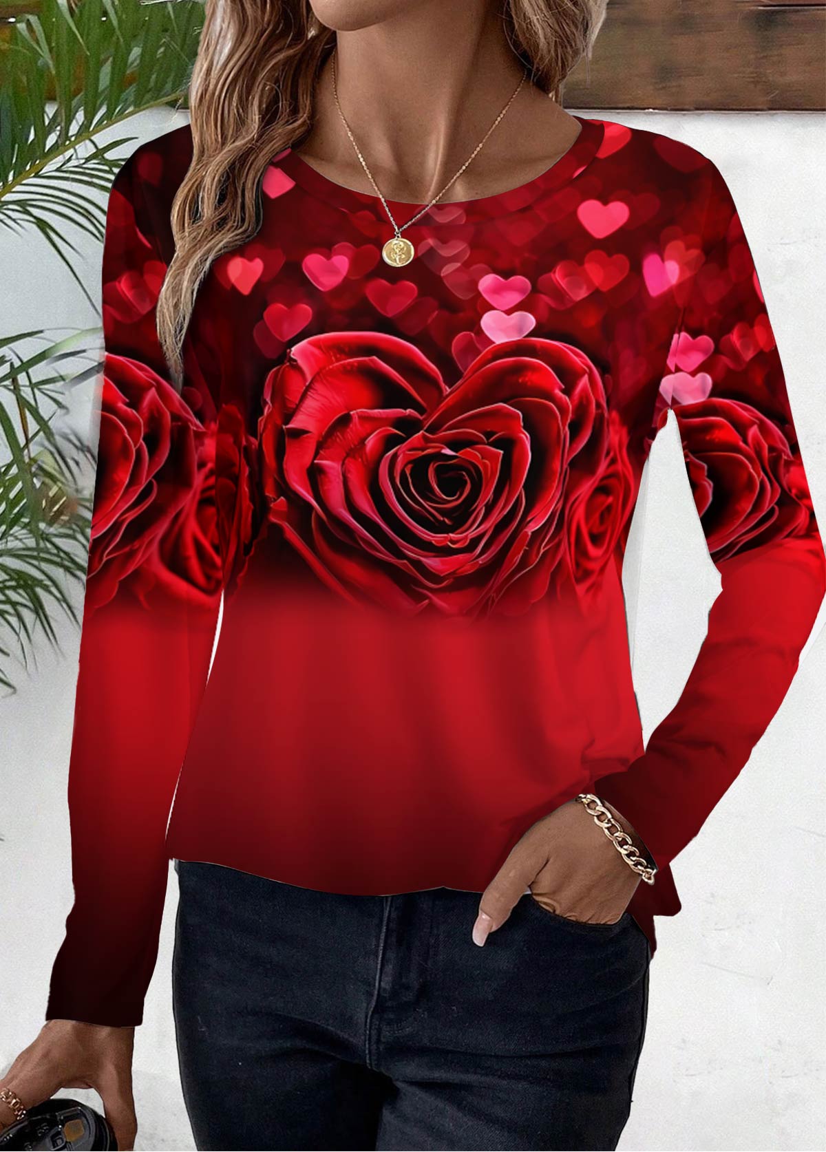 Floral Print Red Long Sleeve T Shirt
