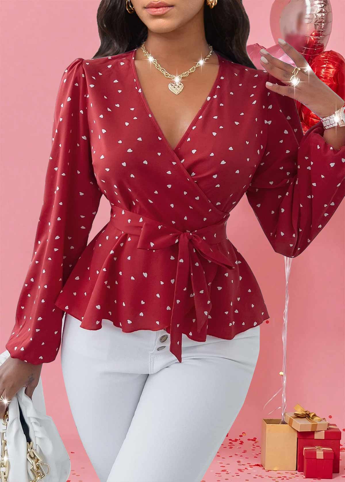 Heart Print Patchwork Belted Red Long Sleeve Blouse
