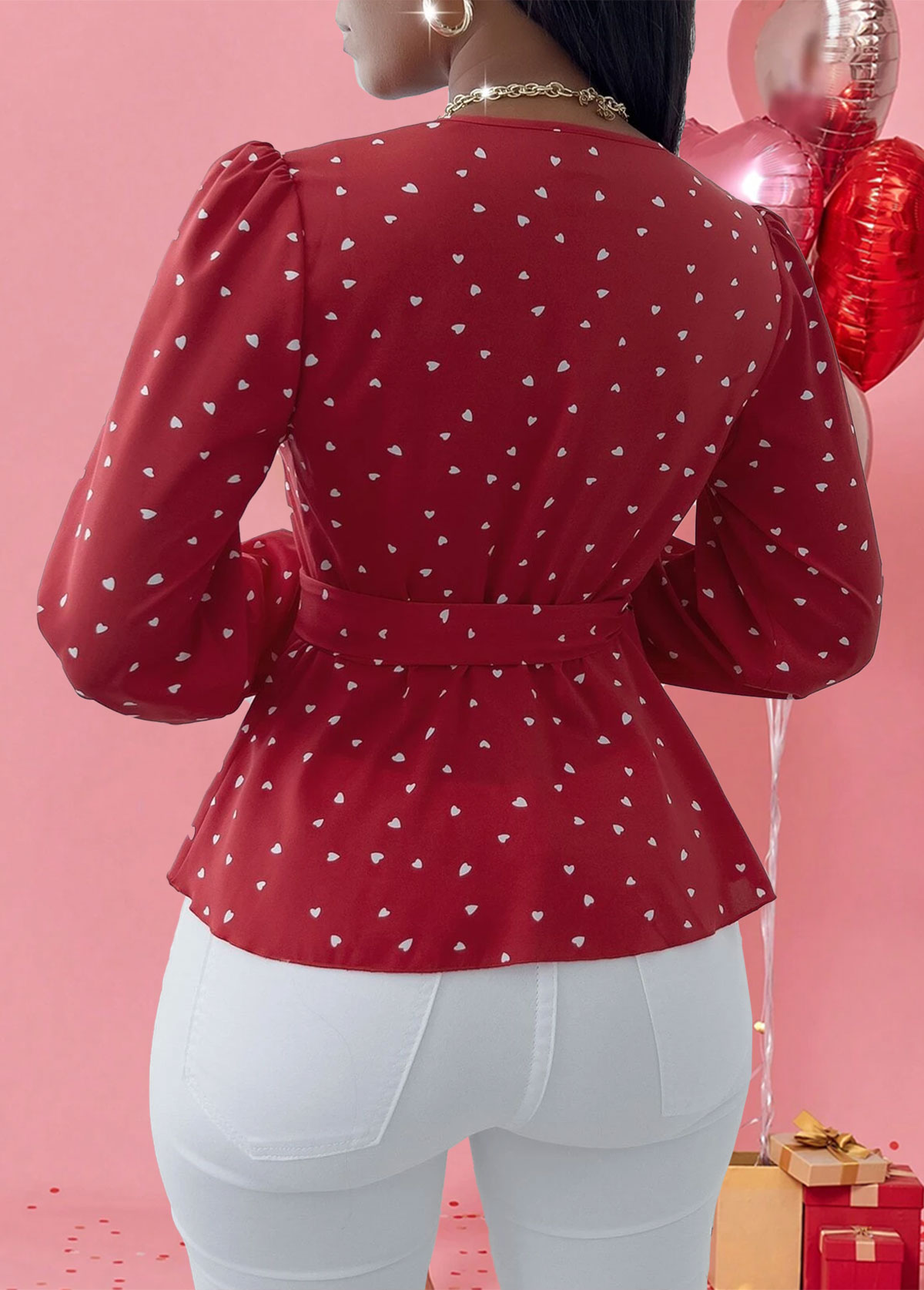 Heart Print Patchwork Belted Red Long Sleeve Blouse