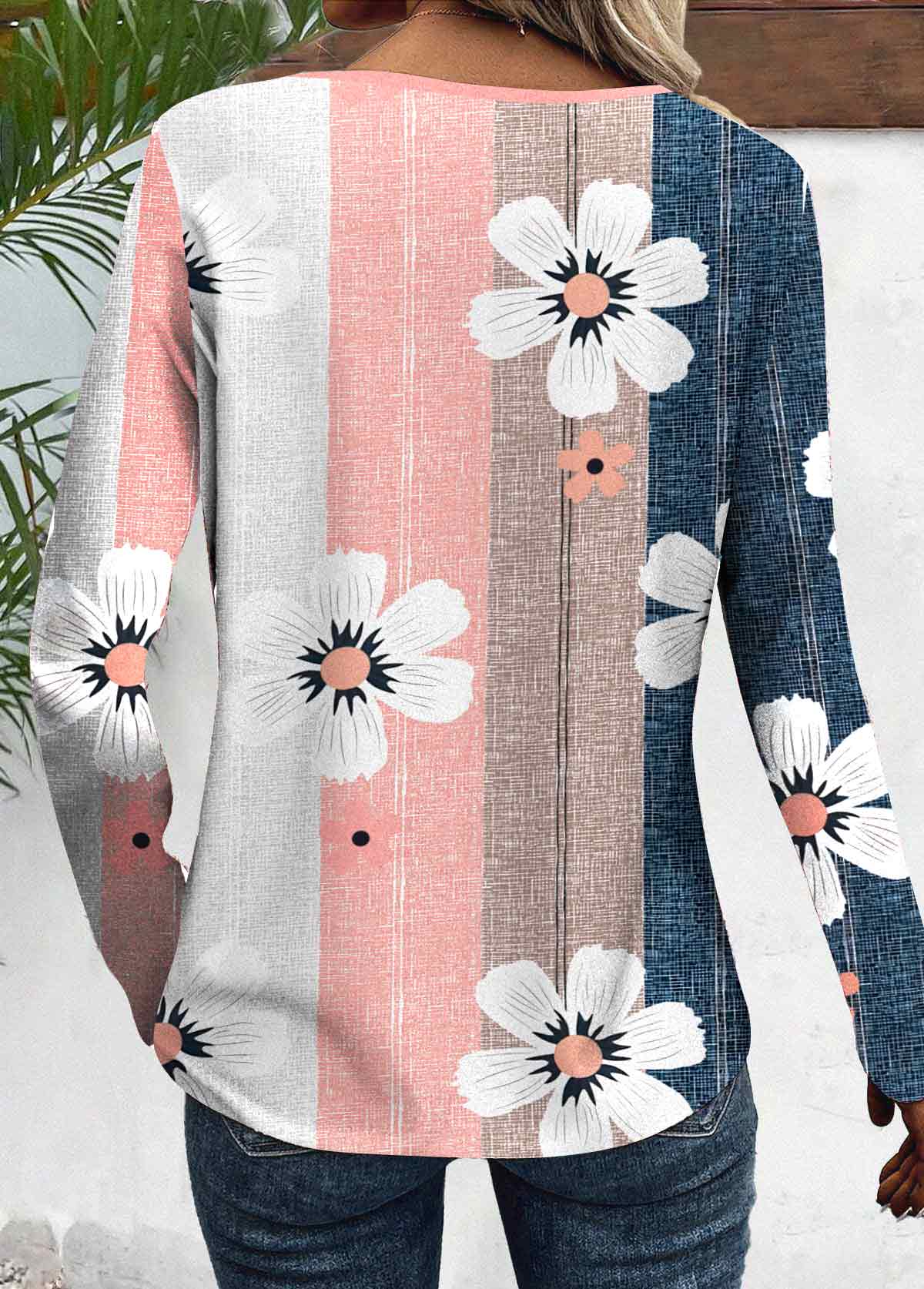 Floral Print Patchwork Multi Color Long Sleeve T Shirt